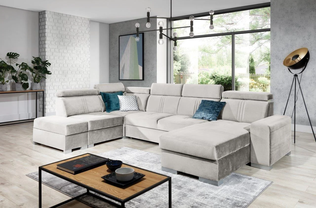 Wohnlandschaft Schlafsofa NOLAN inkl. USB in Stoff Element Creme Ottomane Rechts - Fun Moebel
