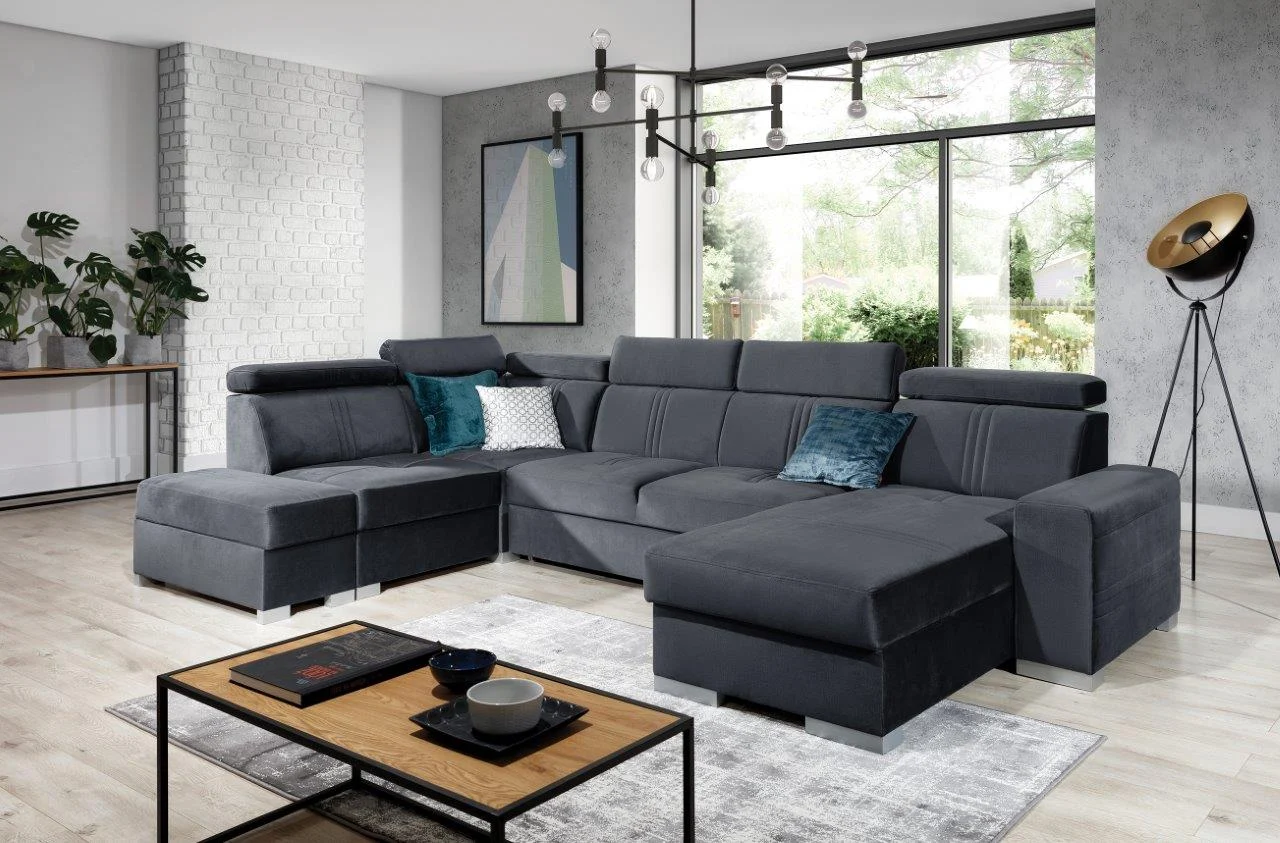 Wohnlandschaft Schlafsofa NOLAN inkl. USB Stoff Element Graphit Ottomane Rechts - Fun Moebel