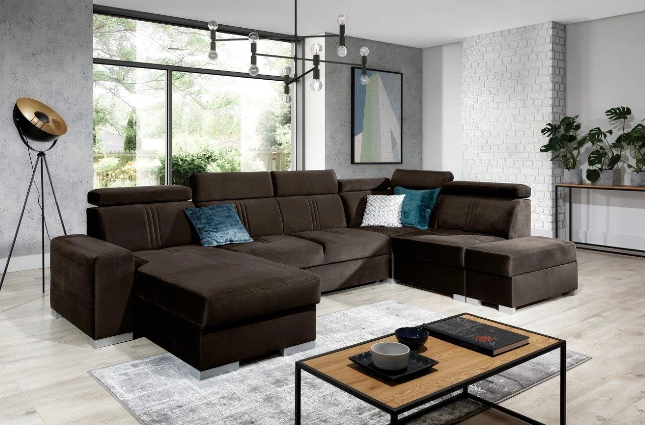 Wohnlandschaft Schlafsofa NOLAN ink USB Stoff Element Dunkelbraun Ottomane Links - Fun Moebel