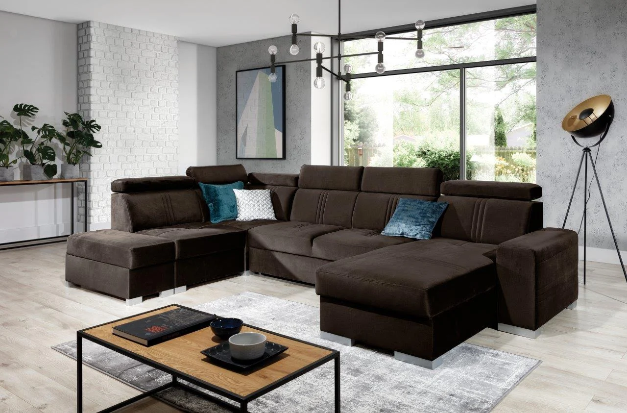 Wohnlandschaft Schlafsofa NOLAN USB in Stoff Element Dunkelbraun Ottomane Rechts - Fun Moebel