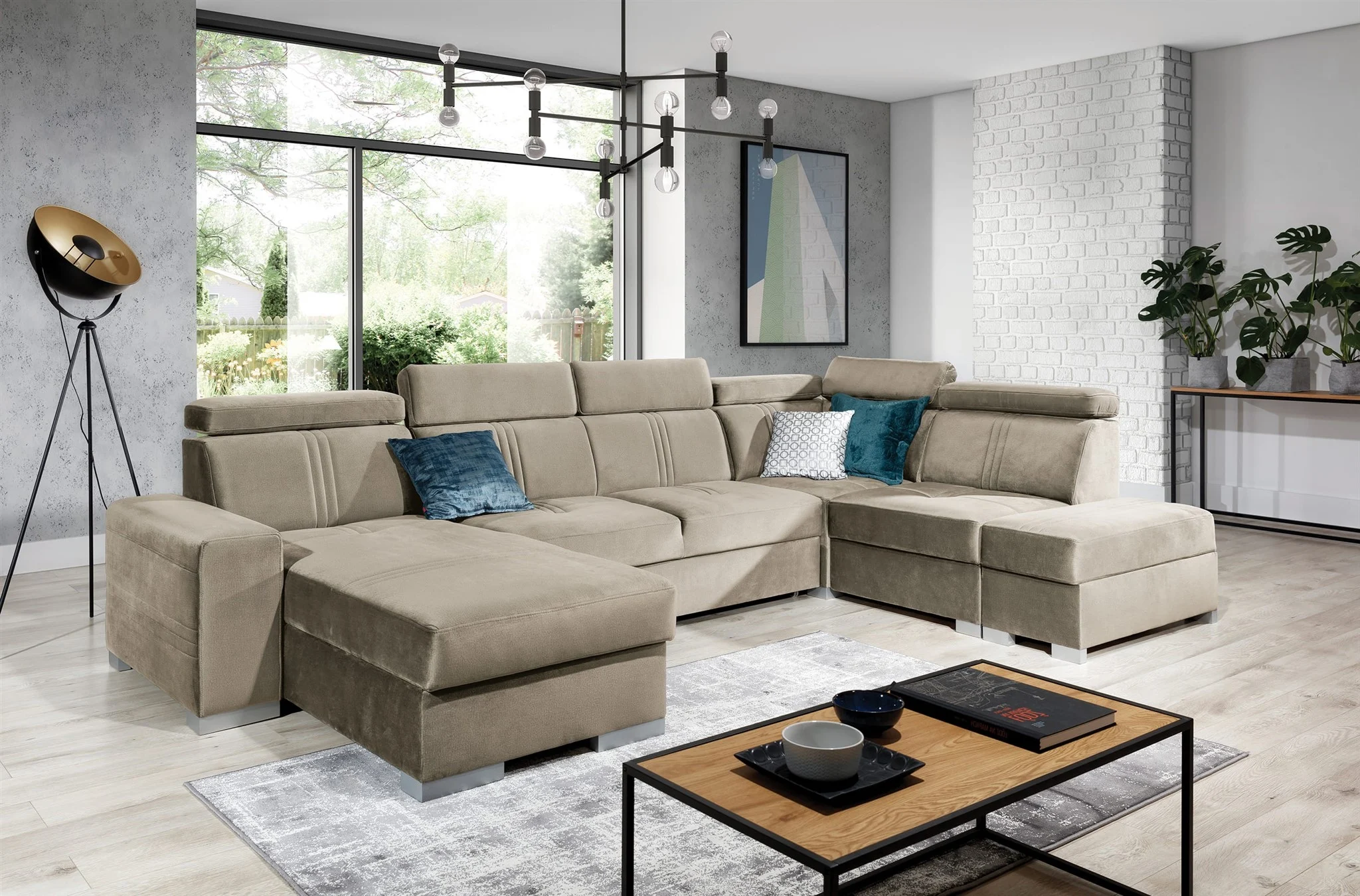 Wohnlandschaft Schlafsofa NOLAN inkl. USB in Stoff Element Beige Ottomane Links - Fun Moebel
