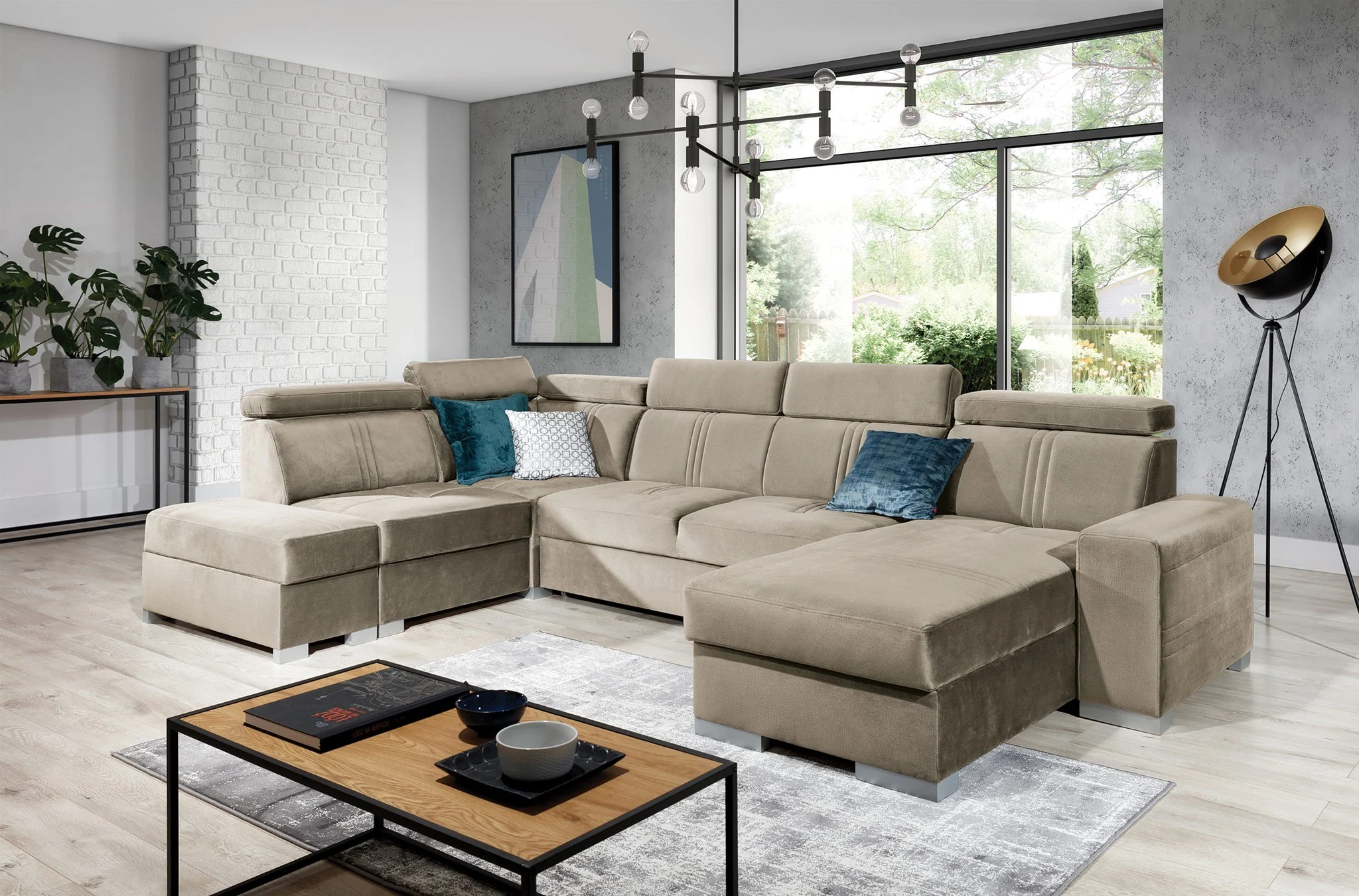 Wohnlandschaft Schlafsofa NOLAN inkl. USB in Stoff Element Beige Ottomane Rechts - Fun Moebel