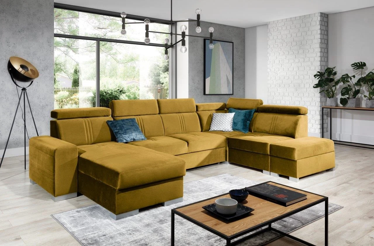 Wohnlandschaft Schlafsofa NOLAN inkl. USB Stoff Element Honiggelb Ottomane Links - Fun Moebel