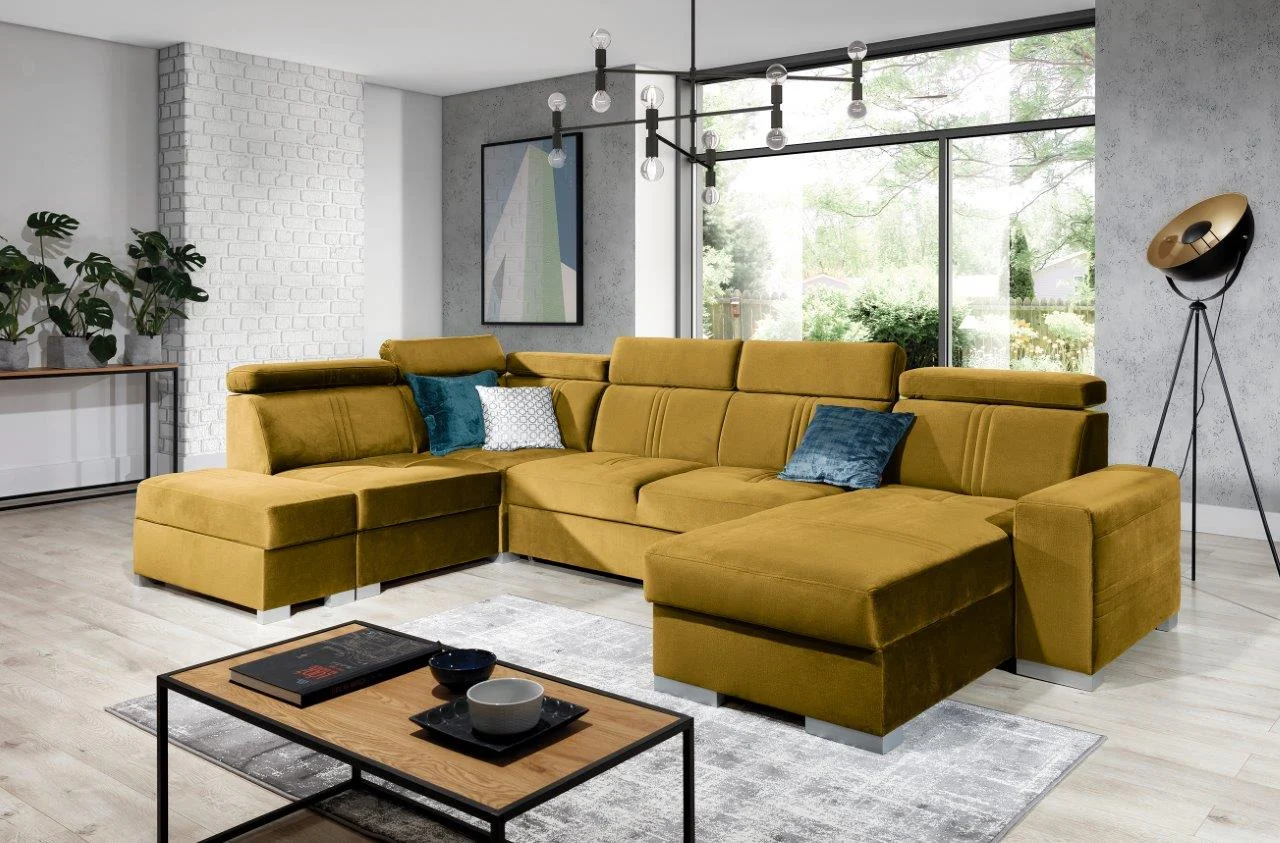Wohnlandschaft Schlafsofa NOLAN inkl USB Stoff Element Honiggelb Ottomane Rechts - Fun Moebel