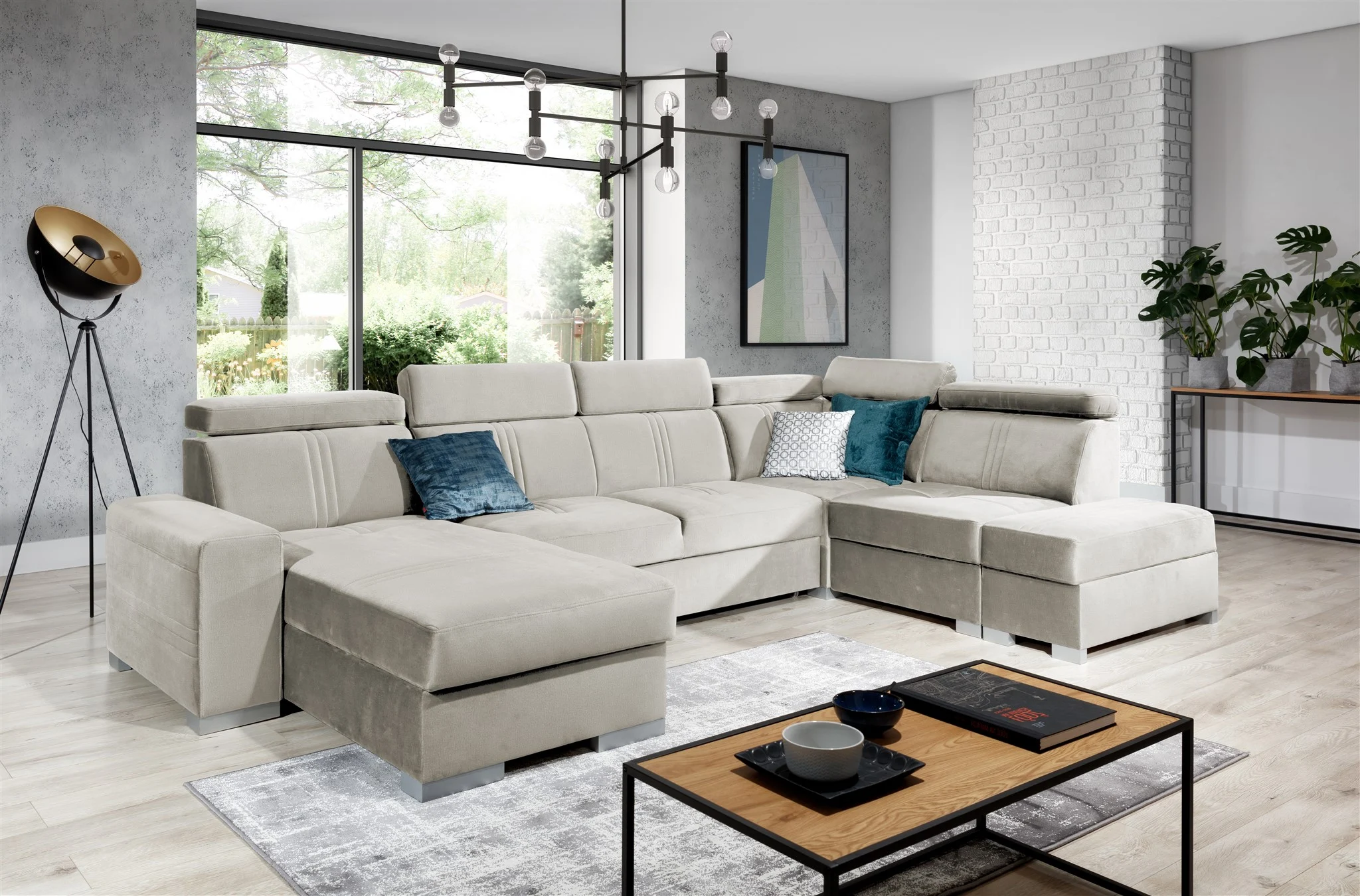 Wohnlandschaft Schlafsofa NOLAN inkl. USB Stoff Monolith Beige Ottomane Links - Fun Moebel