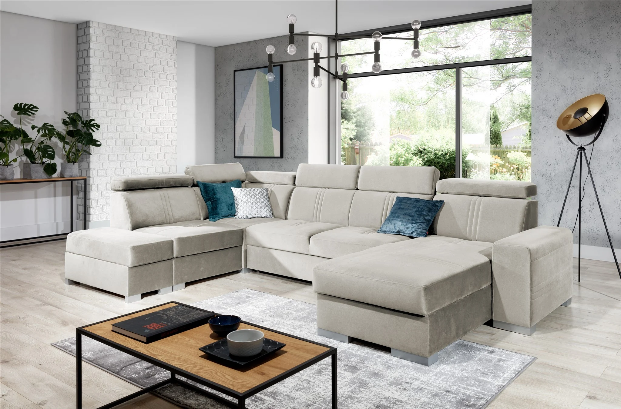 Wohnlandschaft Schlafsofa NOLAN inkl. USB Stoff Monolith Beige Ottomane Rechts - Fun Moebel