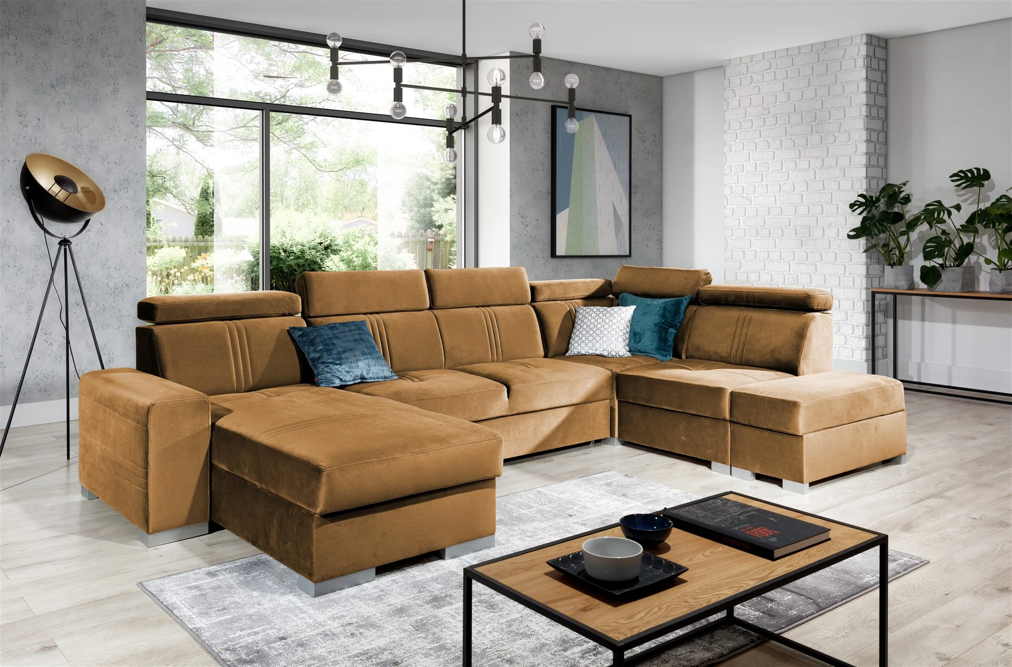 Wohnlandschaft Schlafsofa NOLAN ink. USB Stoff Monolith Goldbraun Ottomane Links - Fun Moebel