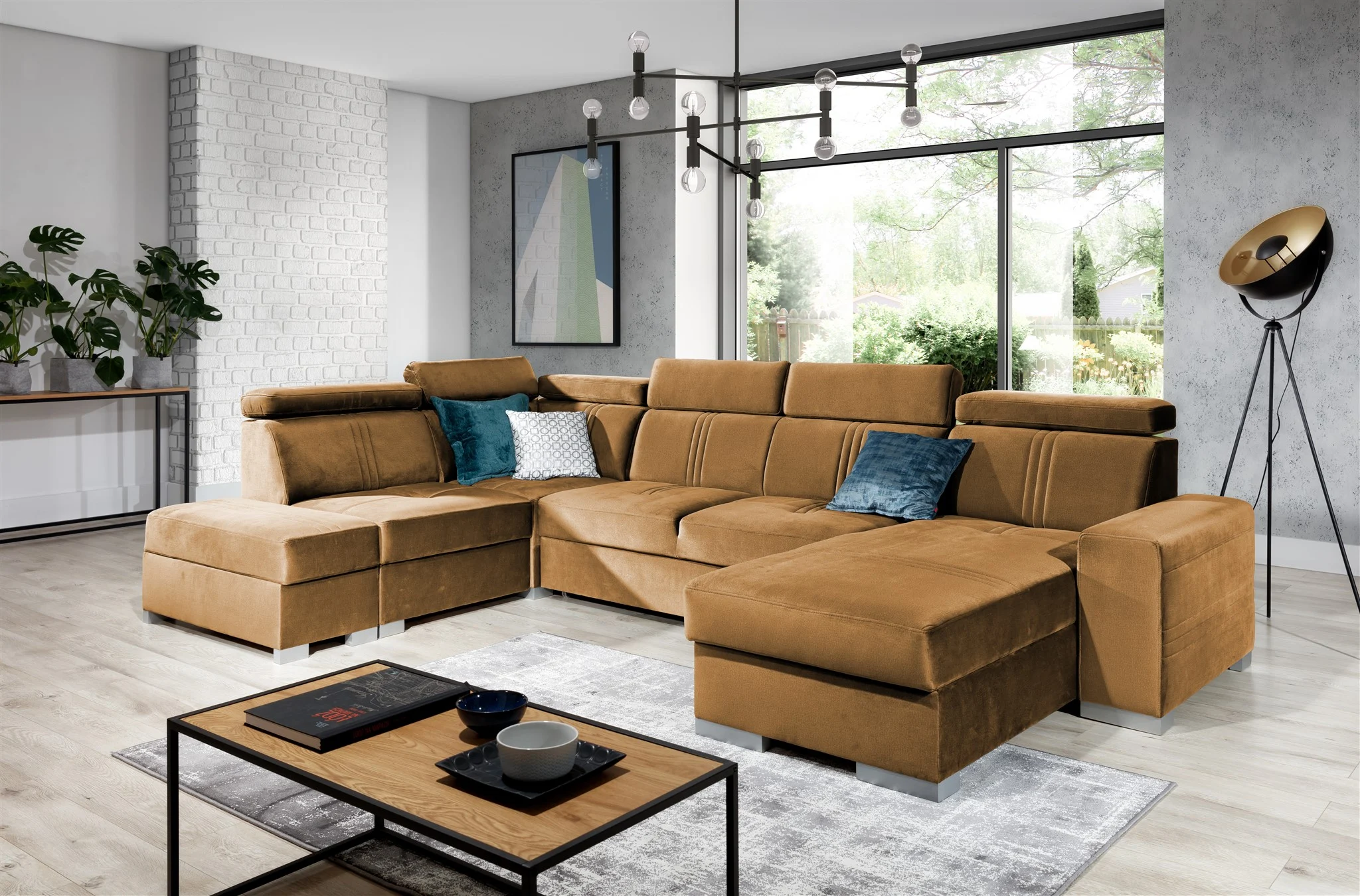 Wohnlandschaft Schlafsofa NOLAN ink USB Stoff Monolith Goldbraun Ottomane Rechts - Fun Moebel