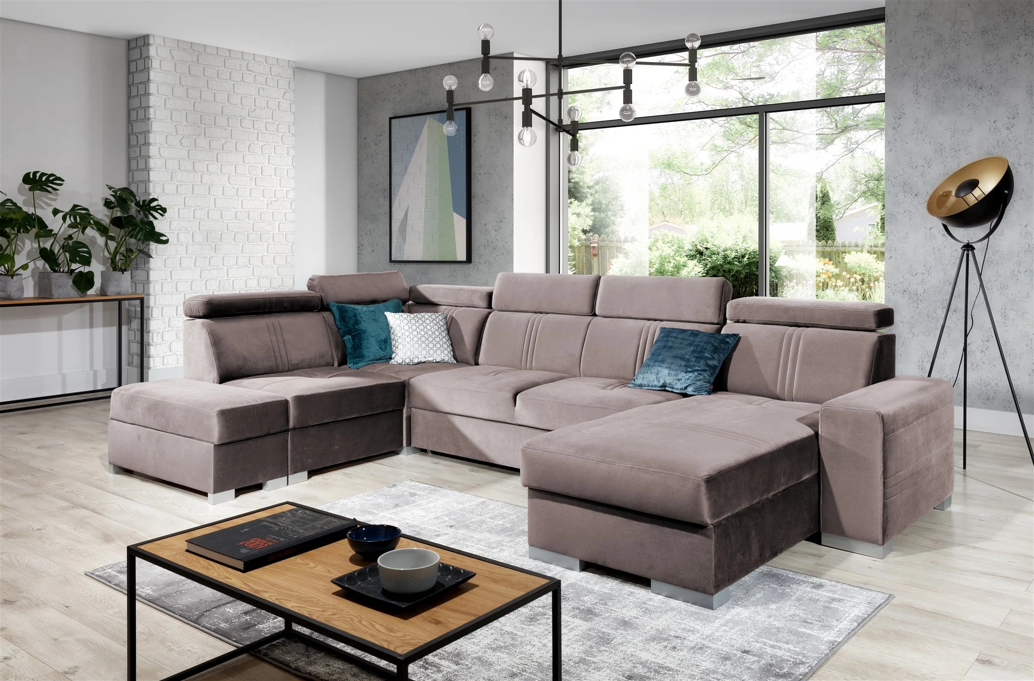 Wohnlandschaft Schlafsofa NOLAN USB Stoff Monolith Pastellviolett Ottoman Rechts - Fun Moebel