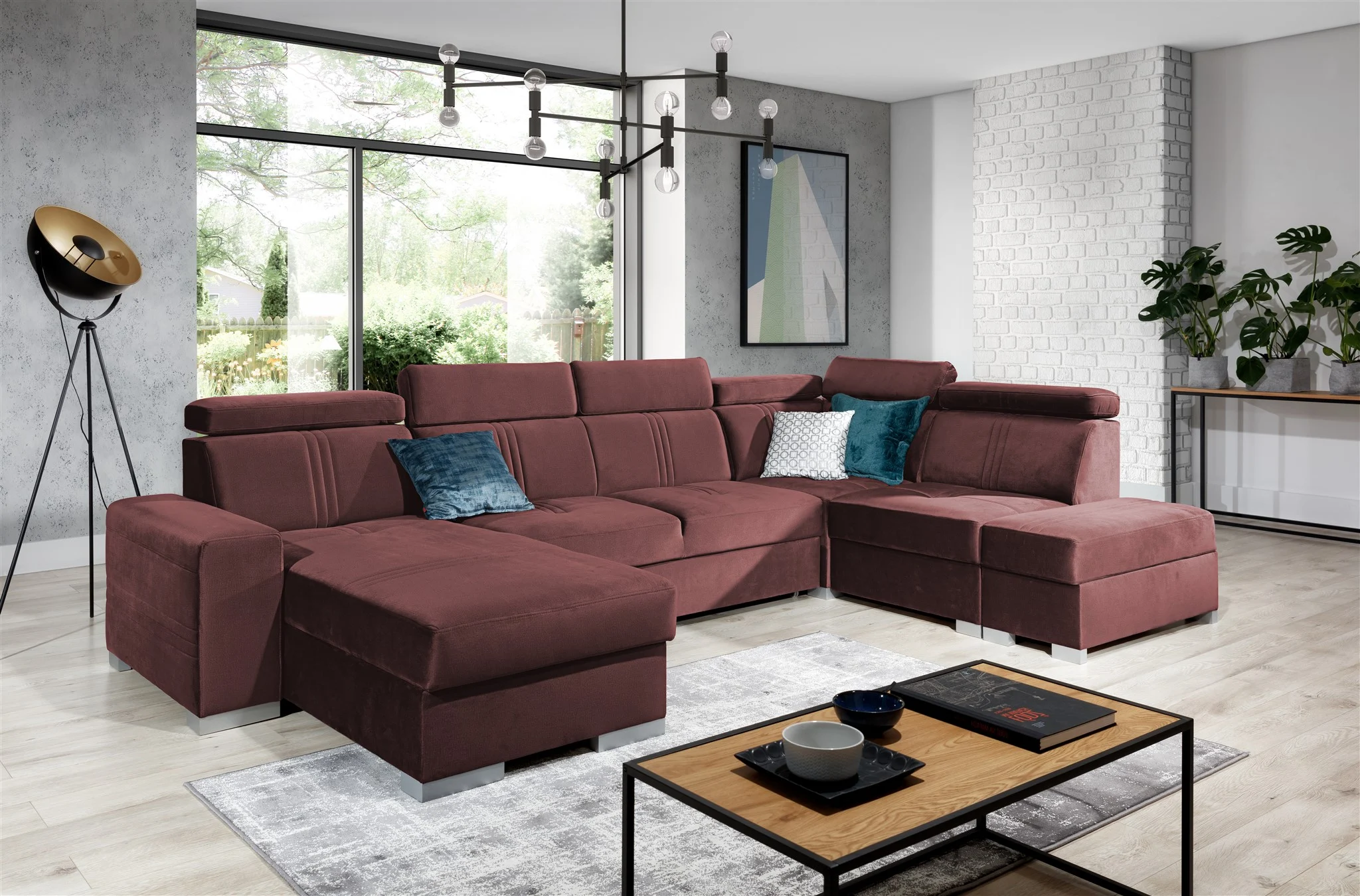Wohnlandschaft Schlafsofa NOLAN inkl USB Stoff Monolith Purpurrot Ottomane Links - Fun Moebel