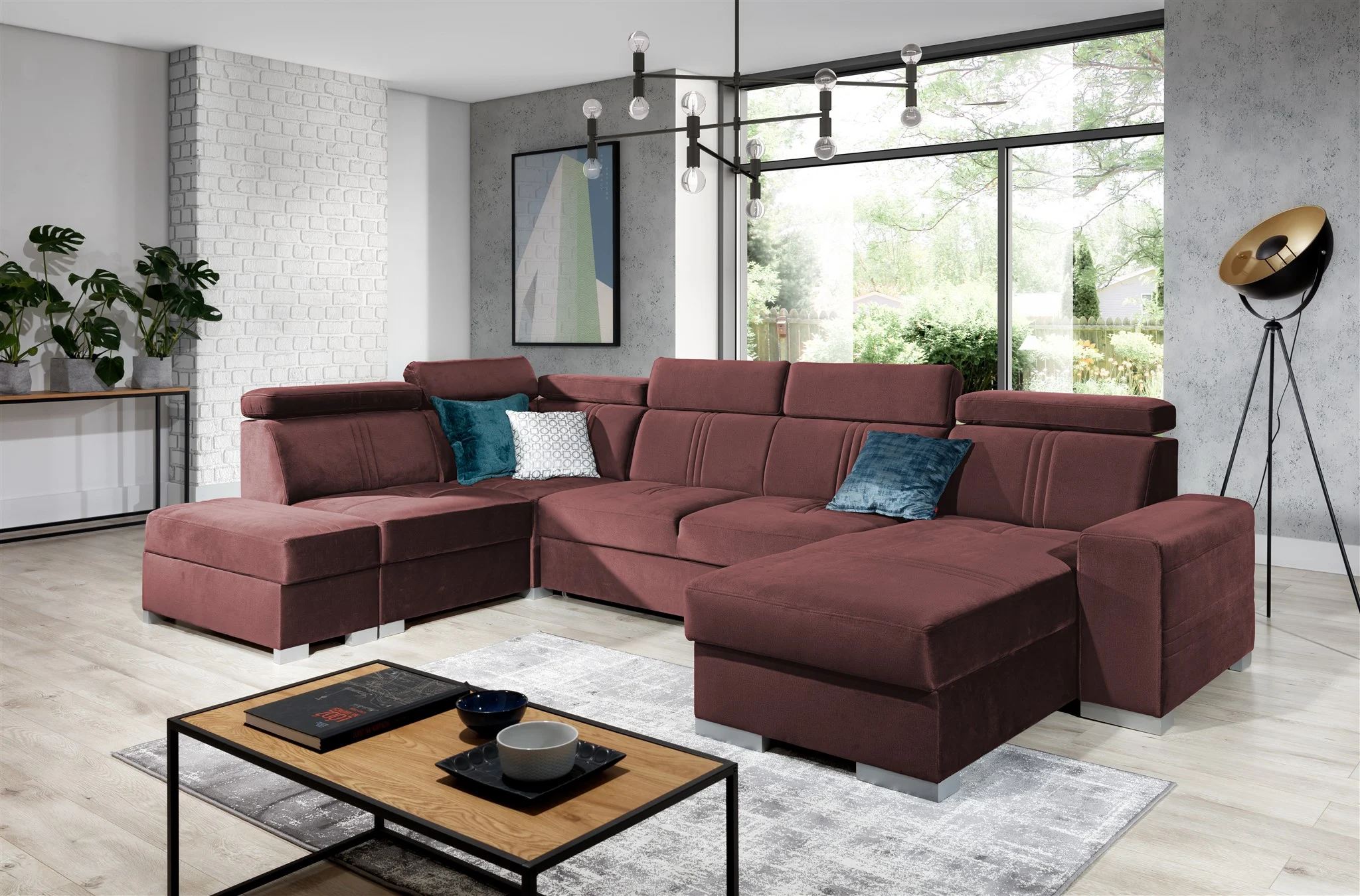 Wohnlandschaft Schlafsofa NOLAN ink USB Stoff Monolith Purpurrot Ottomane Rechts - Fun Moebel