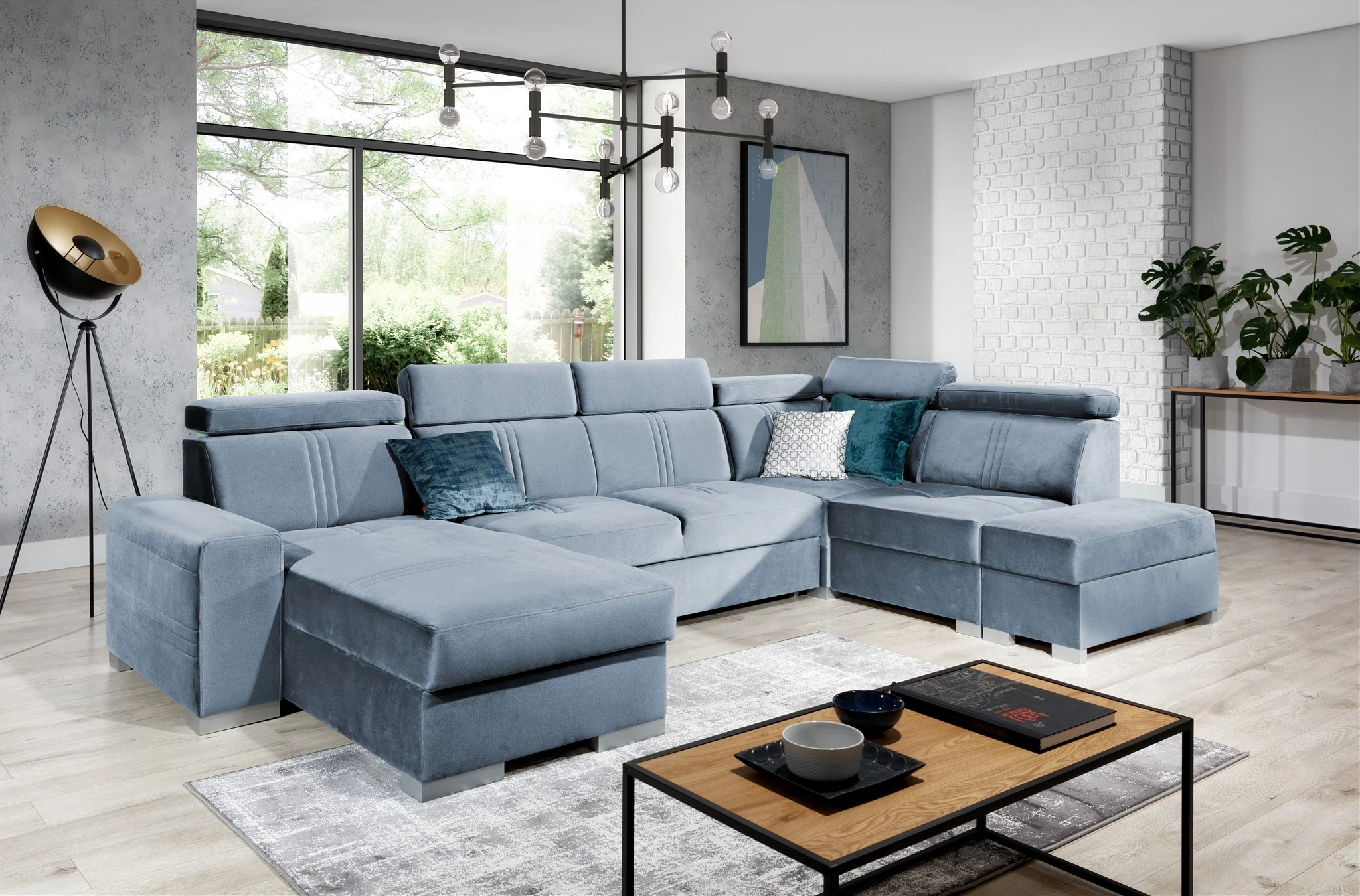 Wohnlandschaft Schlafsofa NOLAN inkl. USB Stoff Monolith Hellblau Ottomane Links - Fun Moebel