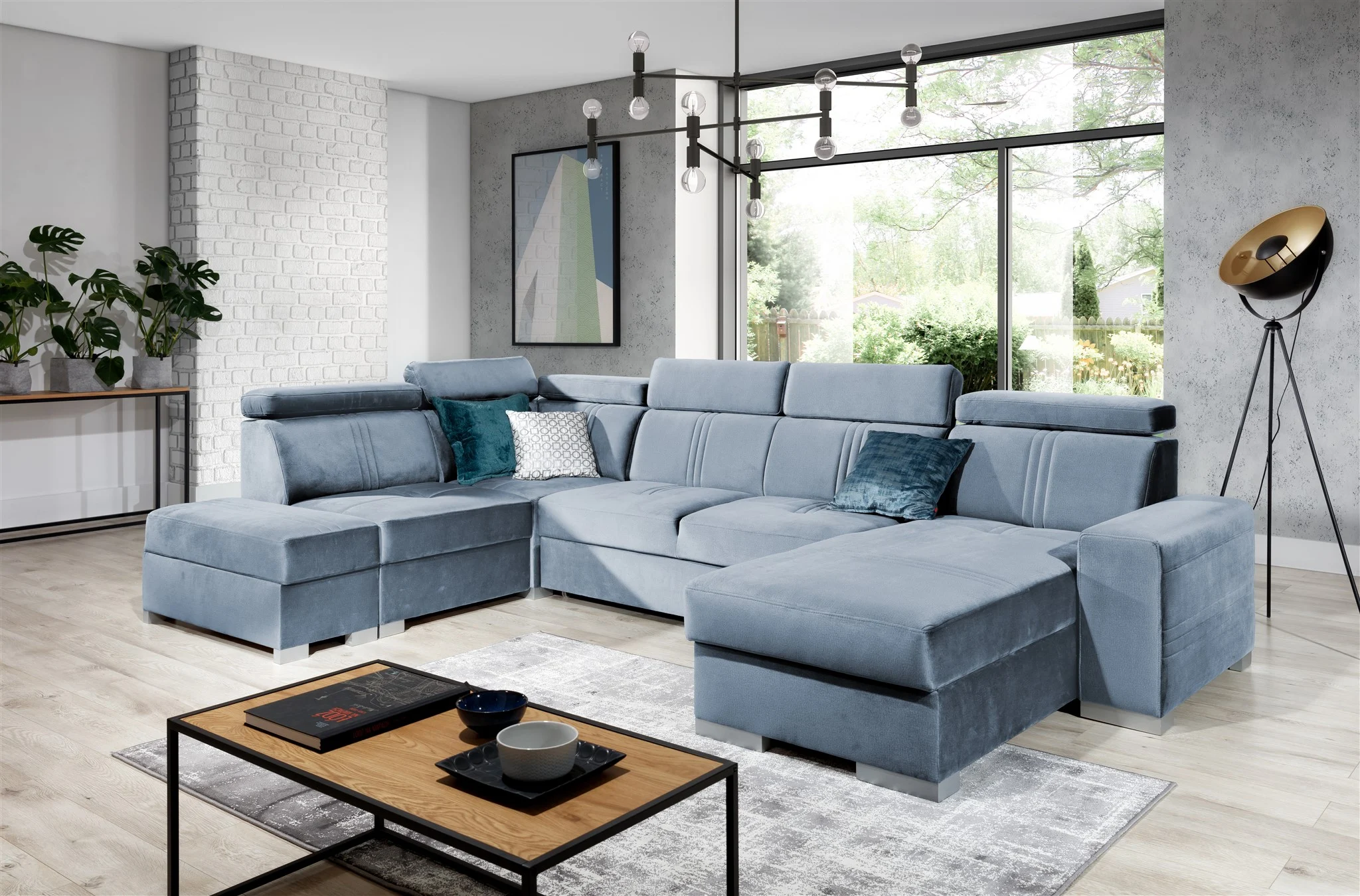 Wohnlandschaft Schlafsofa NOLAN inkl USB Stoff Monolith Hellblau Ottomane Rechts - Fun Moebel