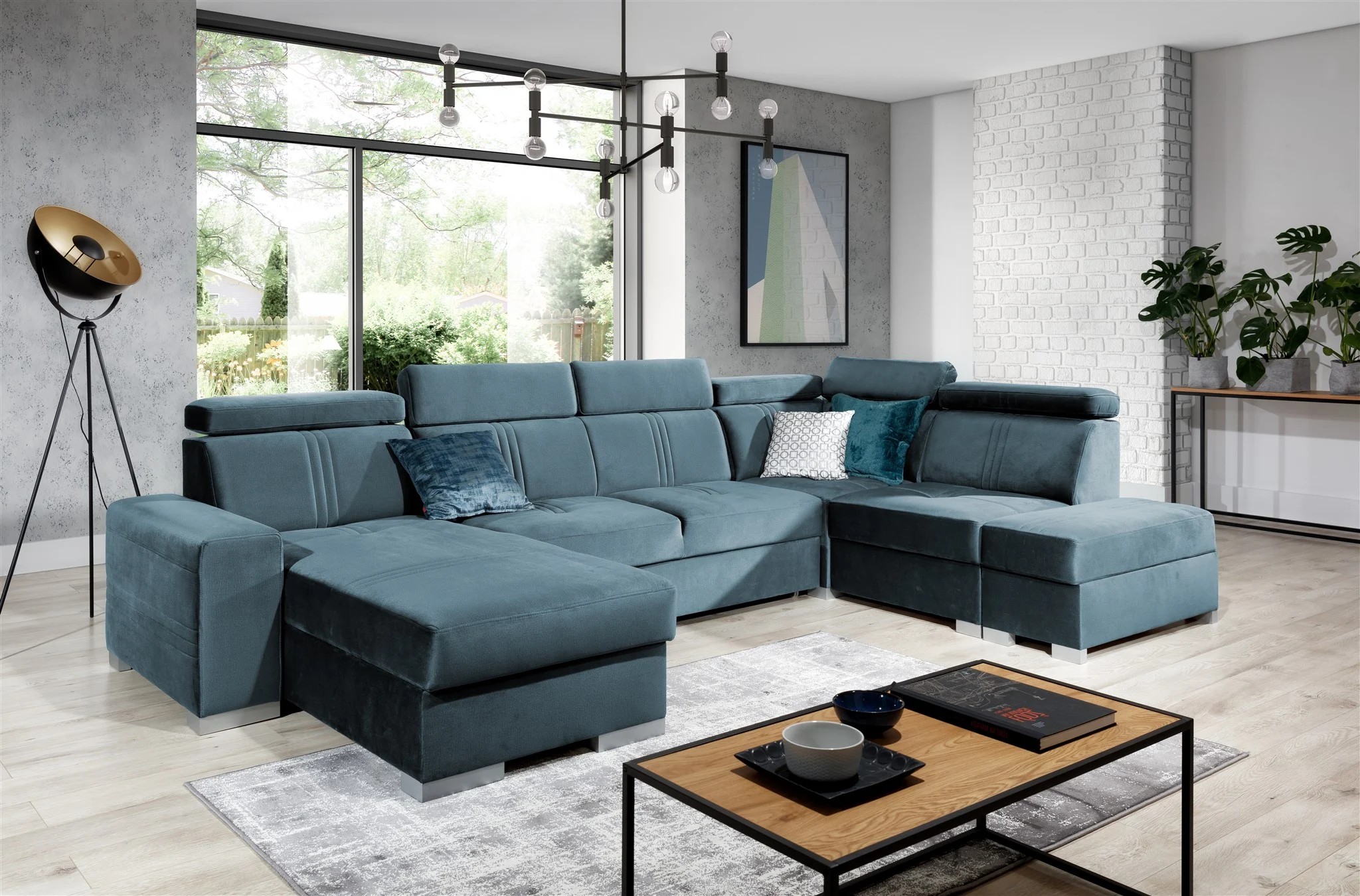 Wohnlandschaft Schlafsofa NOLAN ink USB Stoff Monolith Petrolblau Ottomane Links - Fun Moebel