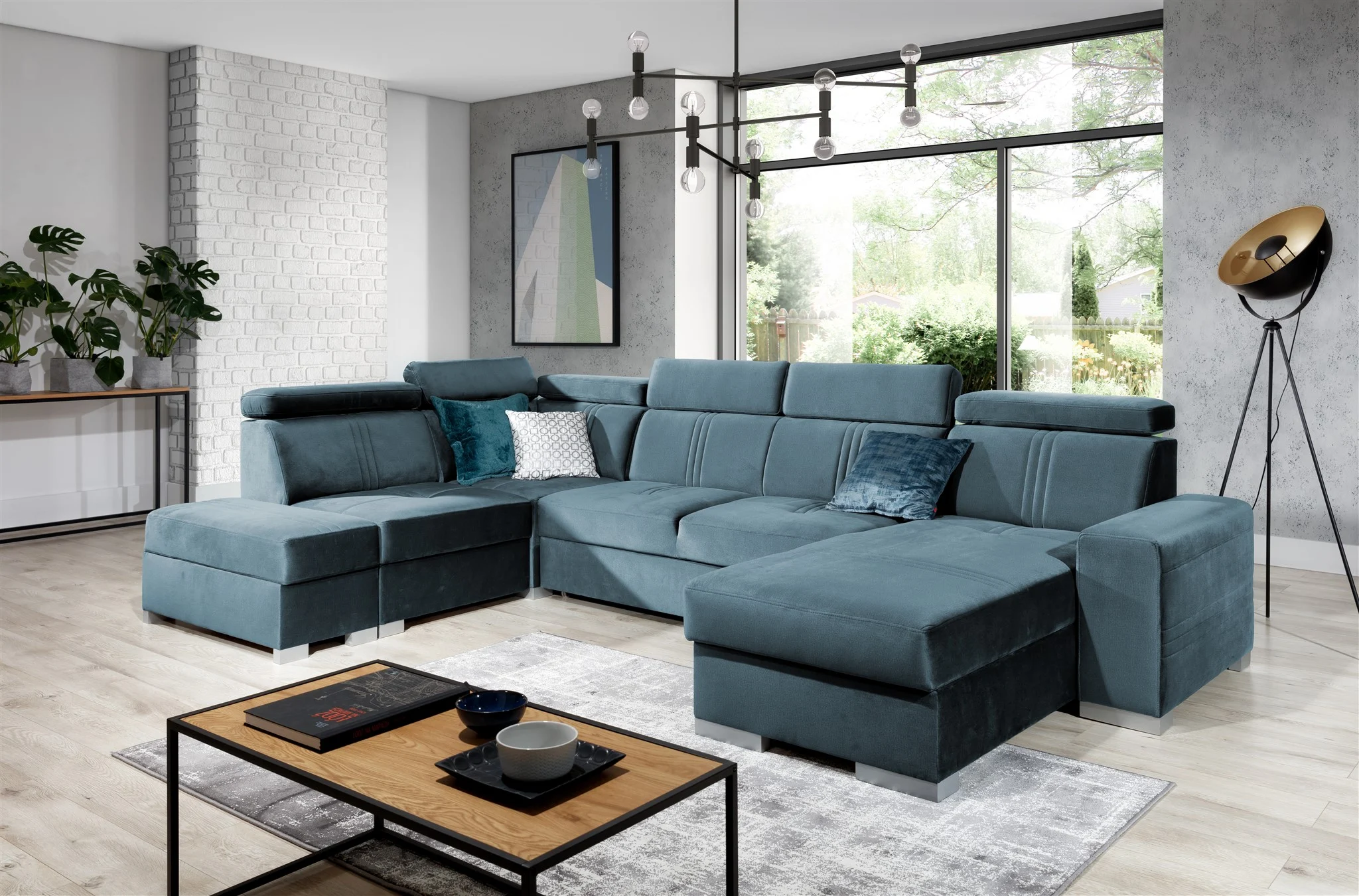 Wohnlandschaft Schlafsofa NOLAN USB in Stoff Monolith Petrolblau Ottomane Rechts - Fun Moebel