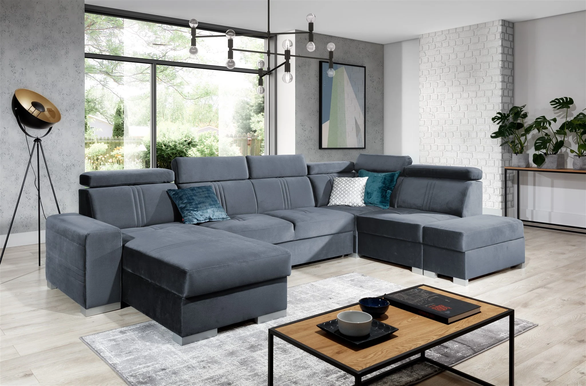 Wohnlandschaft Schlafsofa NOLAN inkl. USB Stoff Monolith Blaugrau Ottomane Links - Fun Moebel