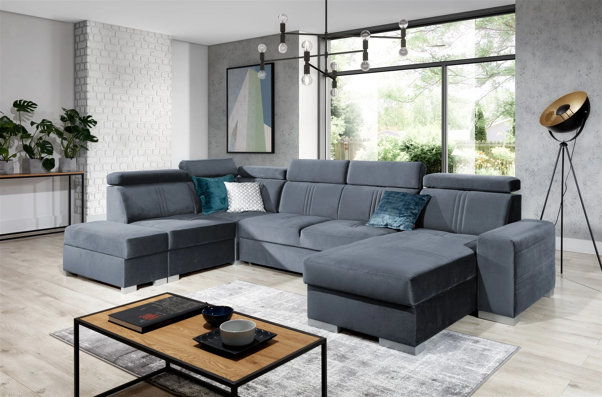 Wohnlandschaft Schlafsofa NOLAN inkl USB Stoff Monolith Blaugrau Ottomane Rechts - Fun Moebel