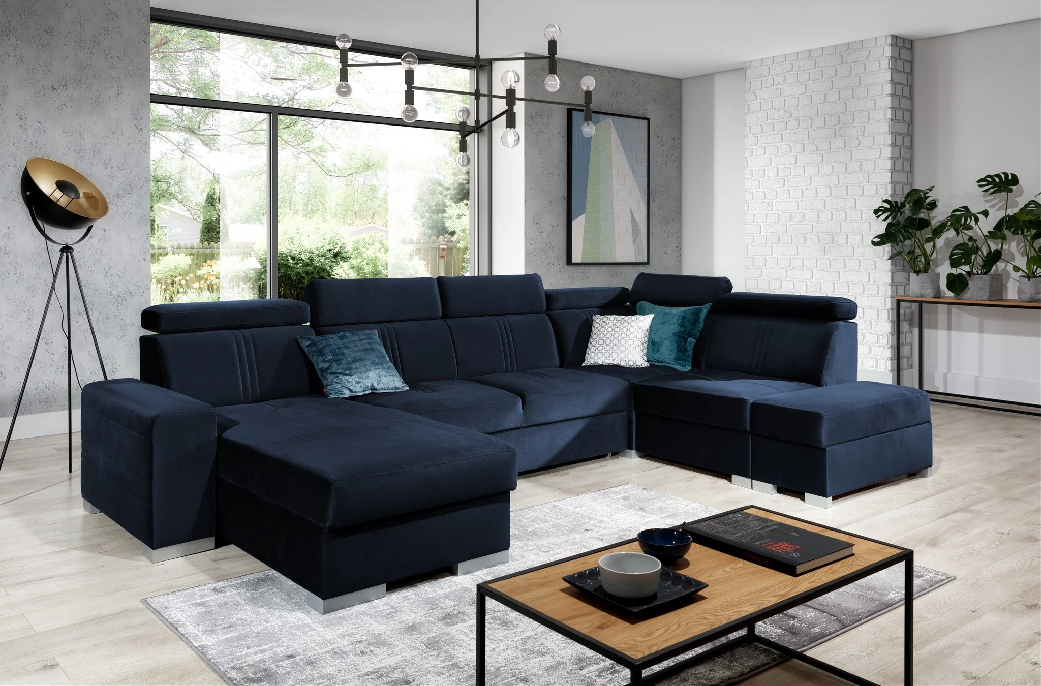 Wohnlandschaft Schlafsofa NOLAN ink USB Stoff Monolith Dunkelblau Ottomane Links - Fun Moebel