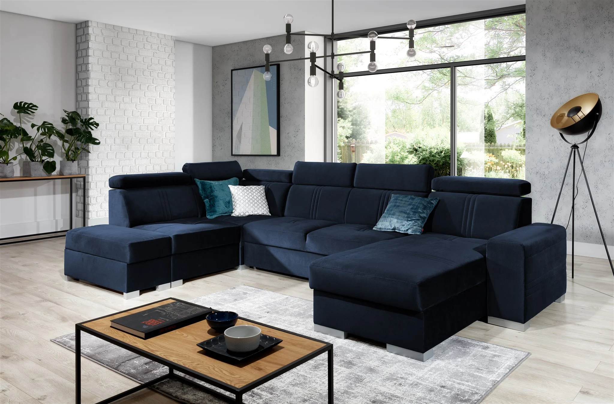 Wohnlandschaft Schlafsofa NOLAN USB in Stoff Monolith Dunkelblau Ottomane Rechts - Fun Moebel