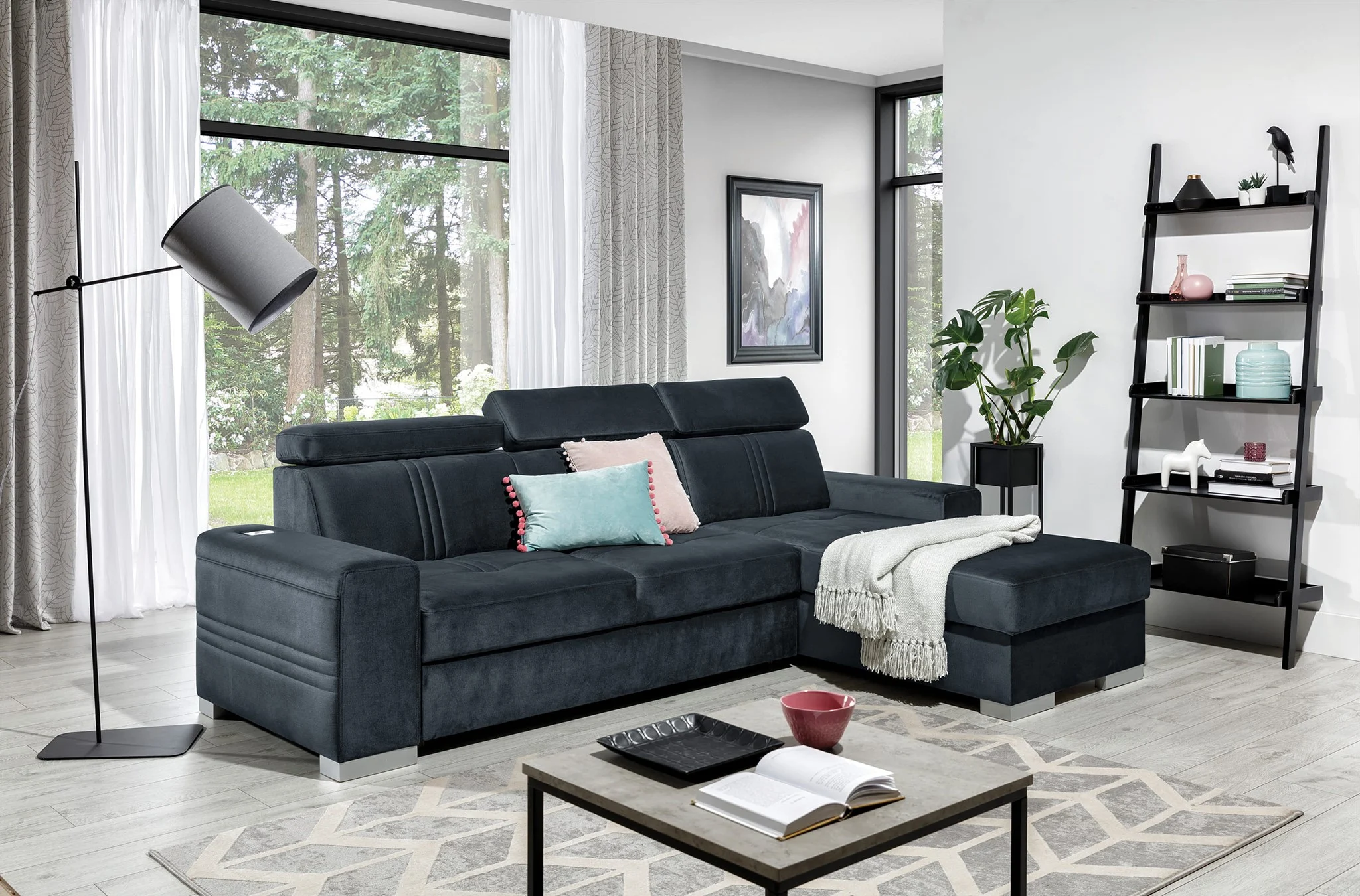 Ecksofa Schlafsofa NOLAN XS inkl. USB in Stoff Element Anthrazit Ottomane Rechts - Fun Moebel