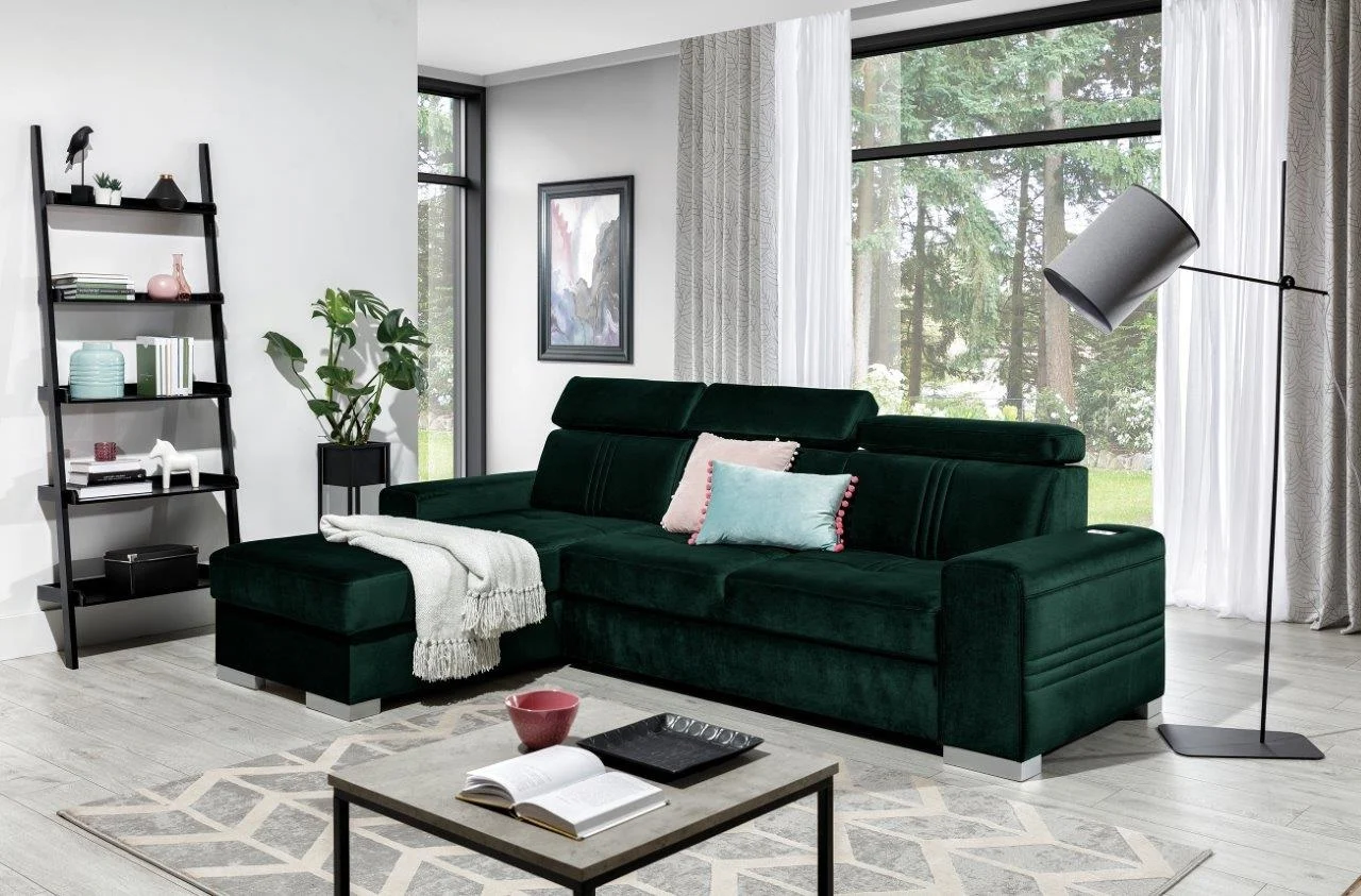 Ecksofa Schlafsofa NOLAN XS inkl. USB in Stoff Element Dunkelgrün Ottomane Links - Fun Moebel