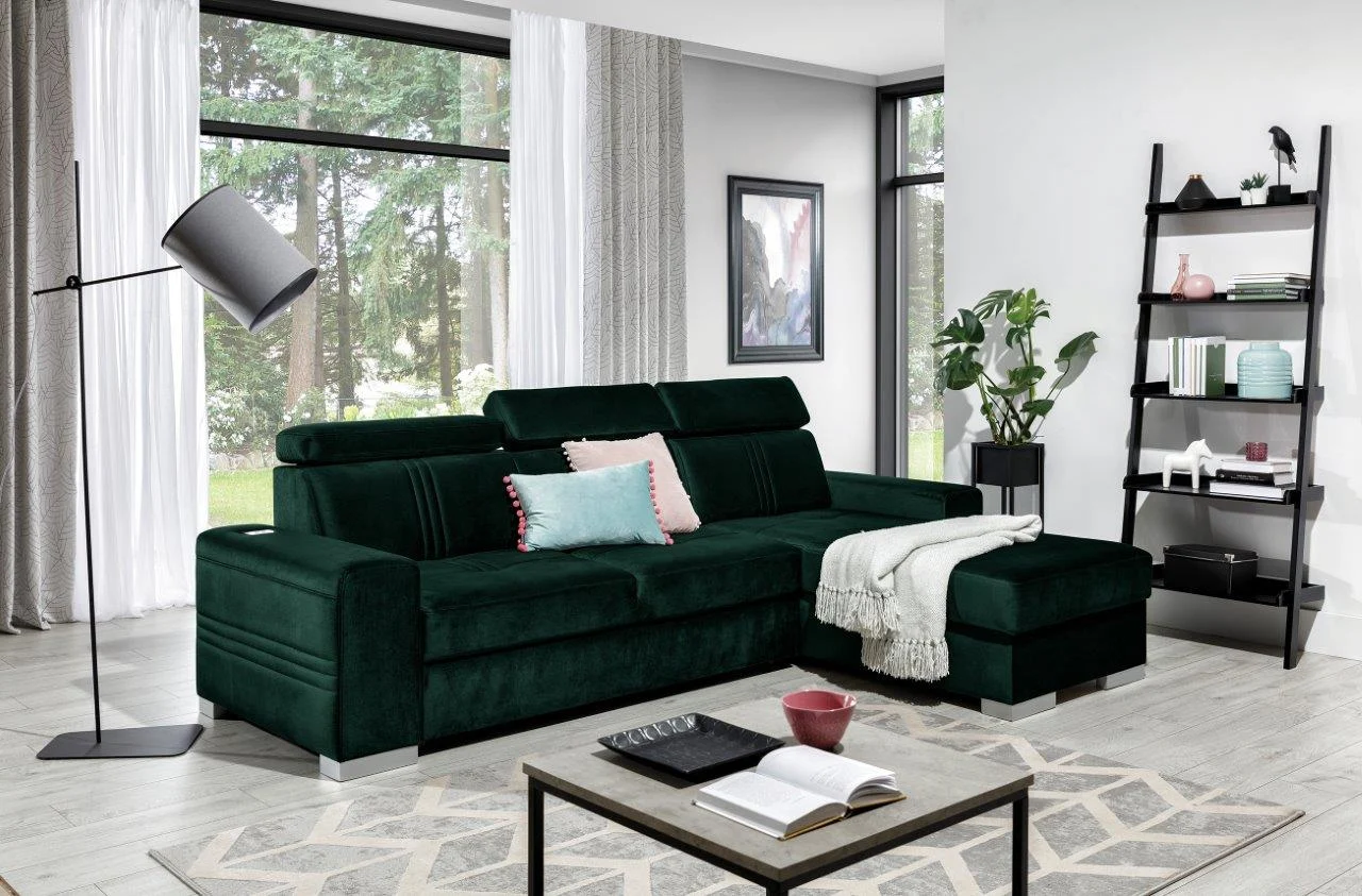 Ecksofa Schlafsofa NOLAN XS inkl USB in Stoff Element Dunkelgrün Ottomane Rechts - Fun Moebel