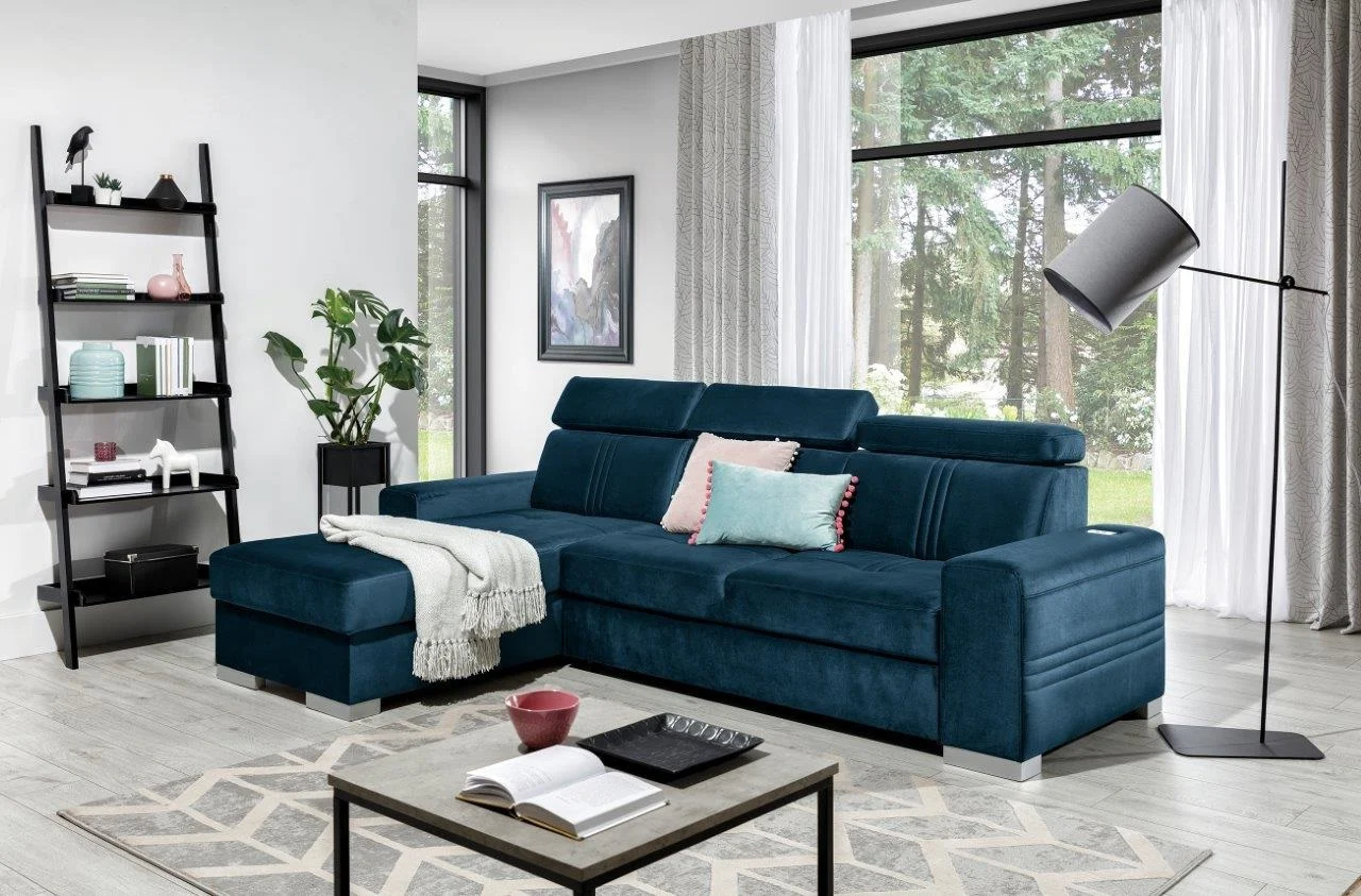Ecksofa Schlafsofa NOLAN XS inkl. USB in Stoff Element Blau Ottomane Links - Fun Moebel