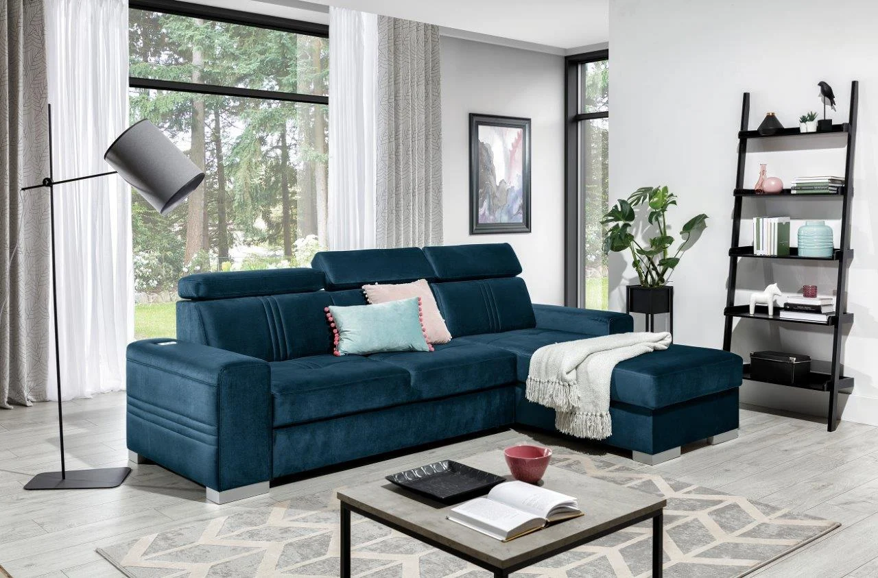 Ecksofa Schlafsofa NOLAN XS inkl. USB in Stoff Element Blau Ottomane Rechts - Fun Moebel