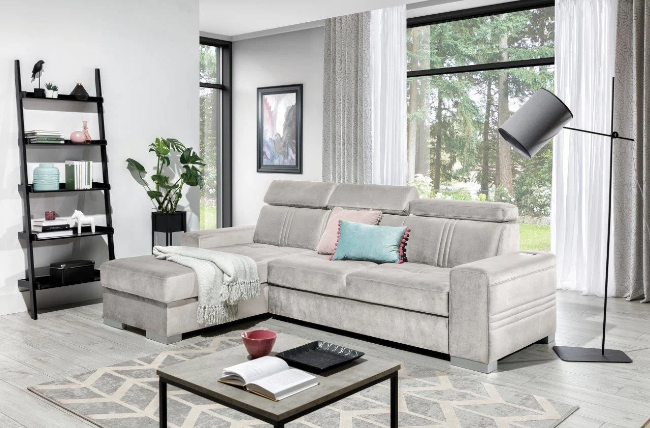 Ecksofa Schlafsofa NOLAN XS inkl. USB in Stoff Element Creme Ottomane Links - Fun Moebel