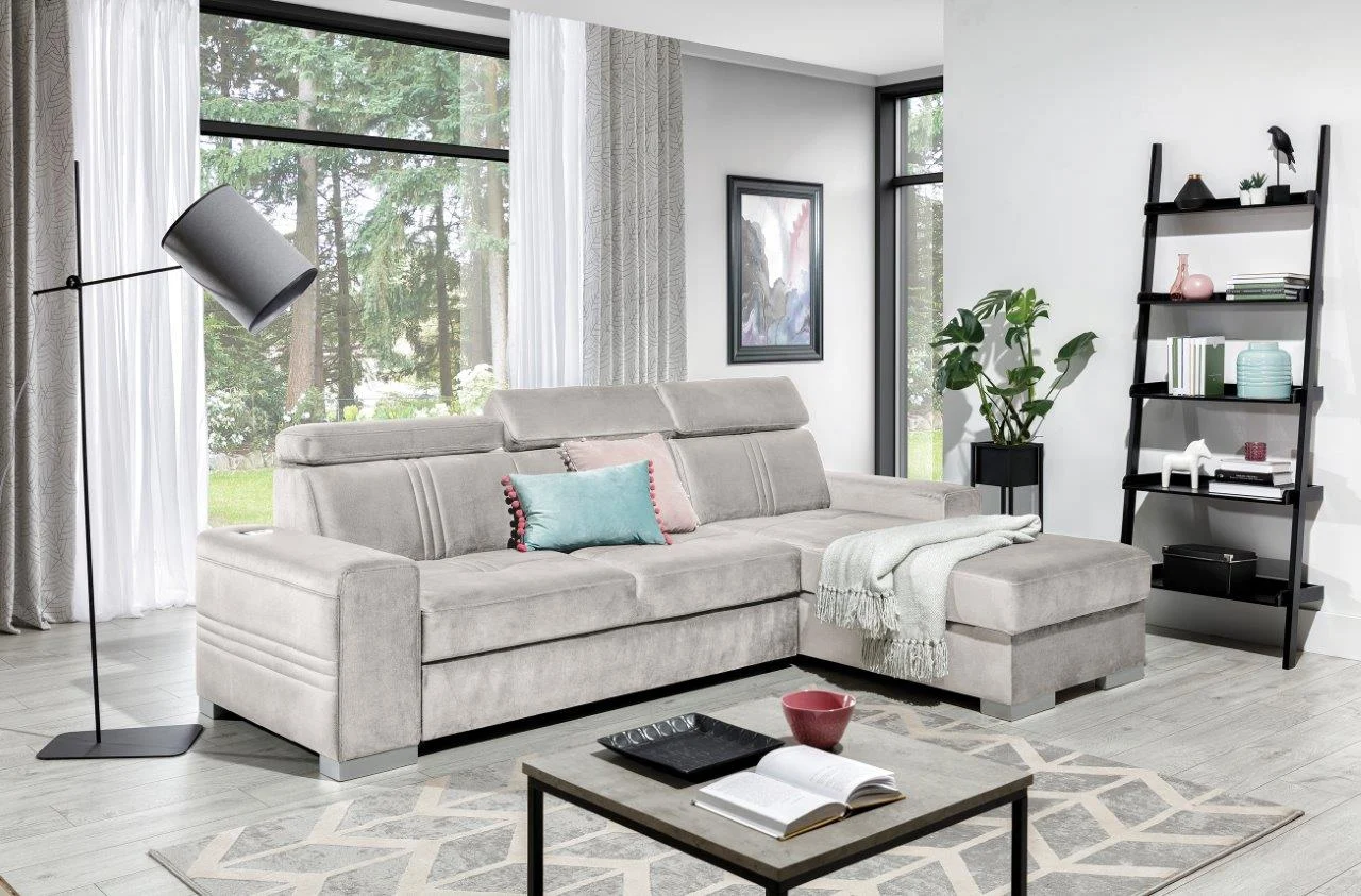 Ecksofa Schlafsofa NOLAN XS inkl. USB in Stoff Element Creme Ottomane Rechts - Fun Moebel