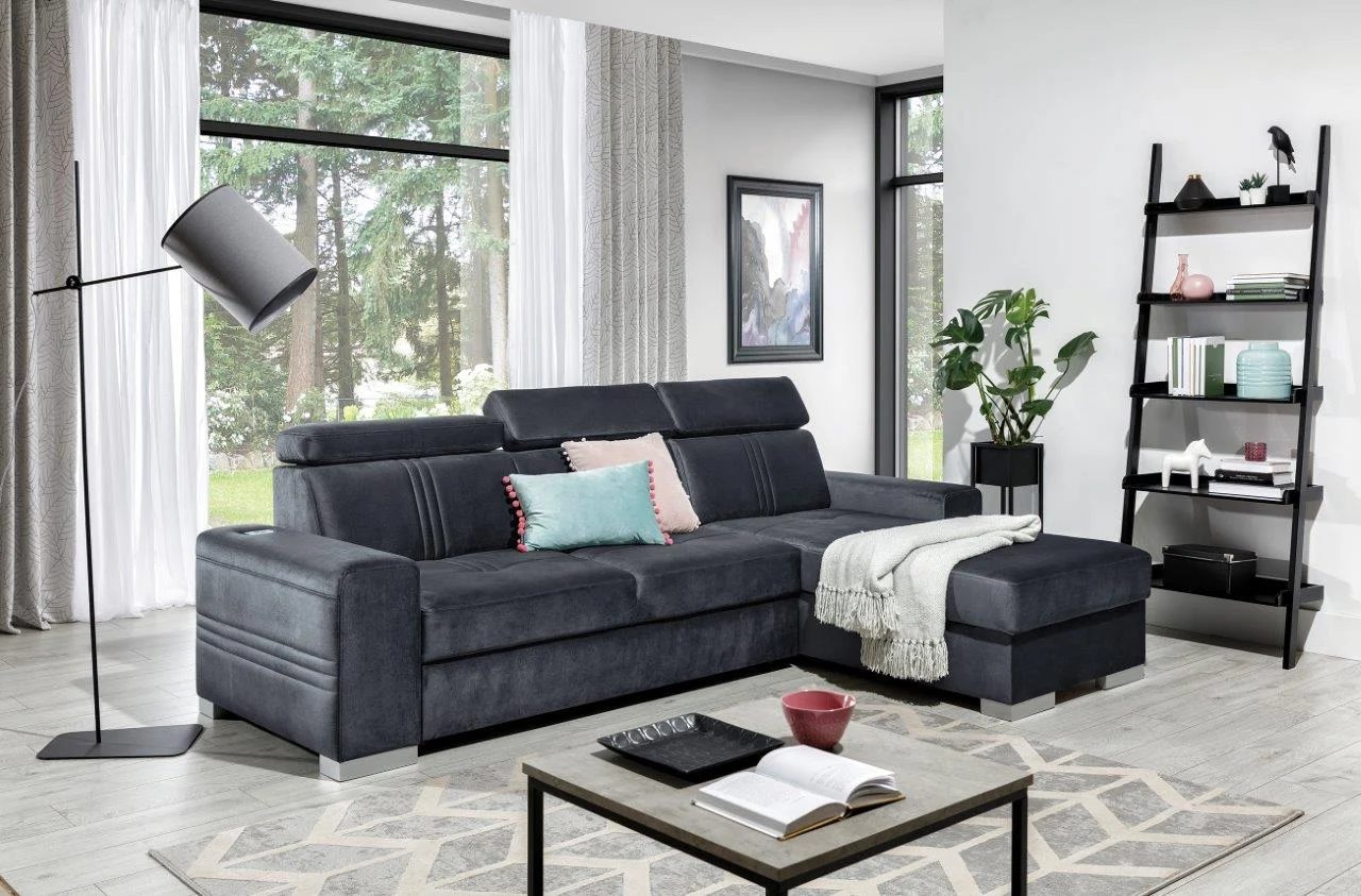 Ecksofa Schlafsofa NOLAN XS inkl. USB in Stoff Element Graphit Ottomane Rechts - Fun Moebel