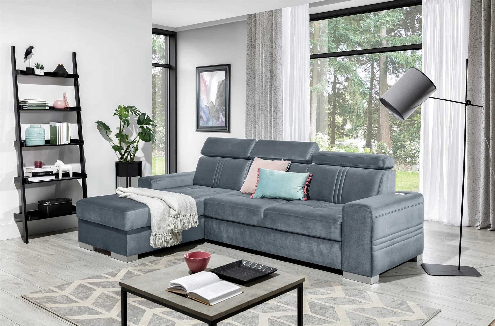 Ecksofa Schlafsofa NOLAN XS inkl. USB in Stoff Element Grau Ottomane Links - Fun Moebel