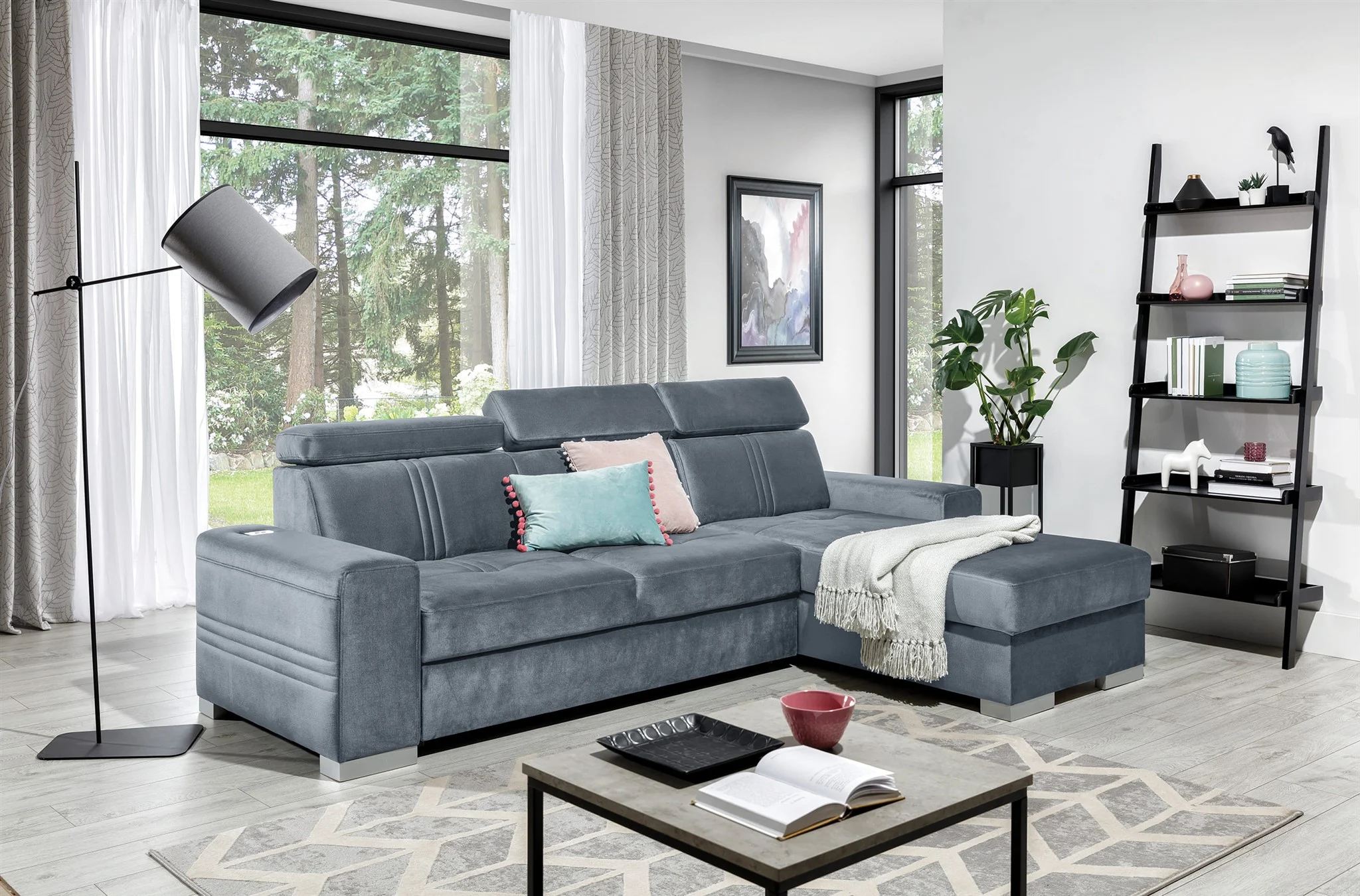 Ecksofa Schlafsofa NOLAN XS inkl. USB in Stoff Element Grau Ottomane Rechts - Fun Moebel