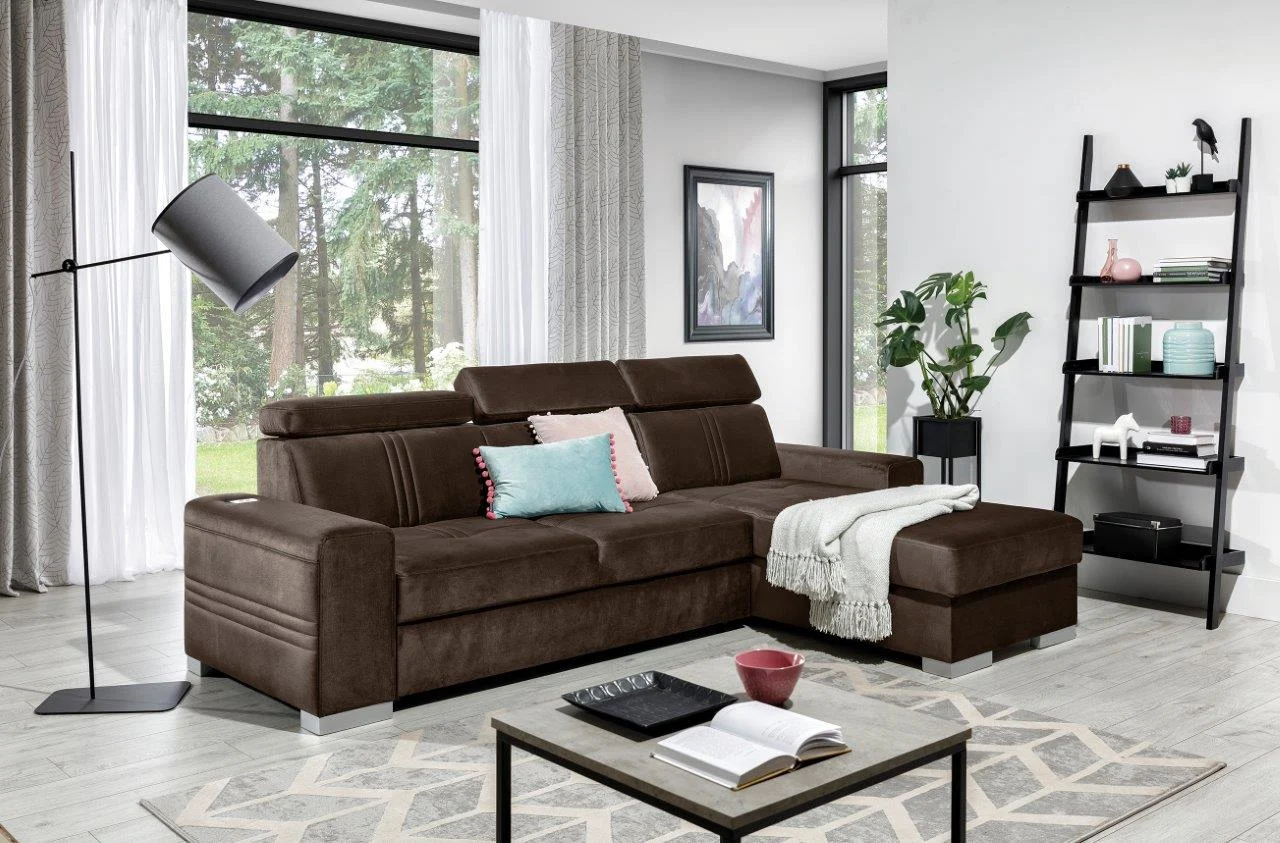 Ecksofa Schlafsofa NOLAN XS inkl. USB Stoff Element Dunkelbraun Ottomane Rechts - Fun Moebel