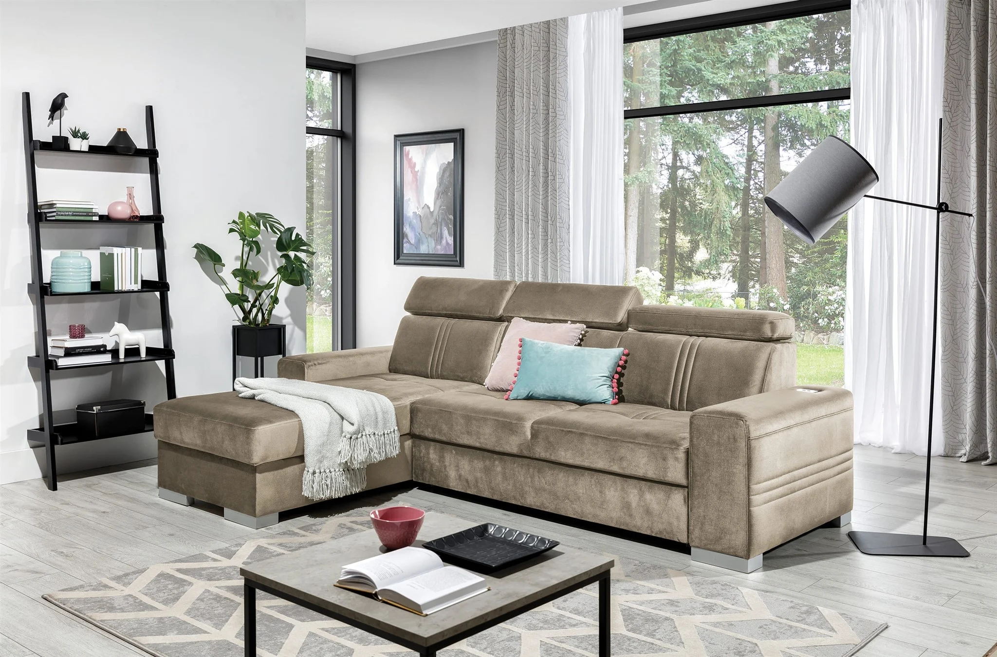 Ecksofa Schlafsofa NOLAN XS inkl. USB in Stoff Element Beige Ottomane Links - Fun Moebel
