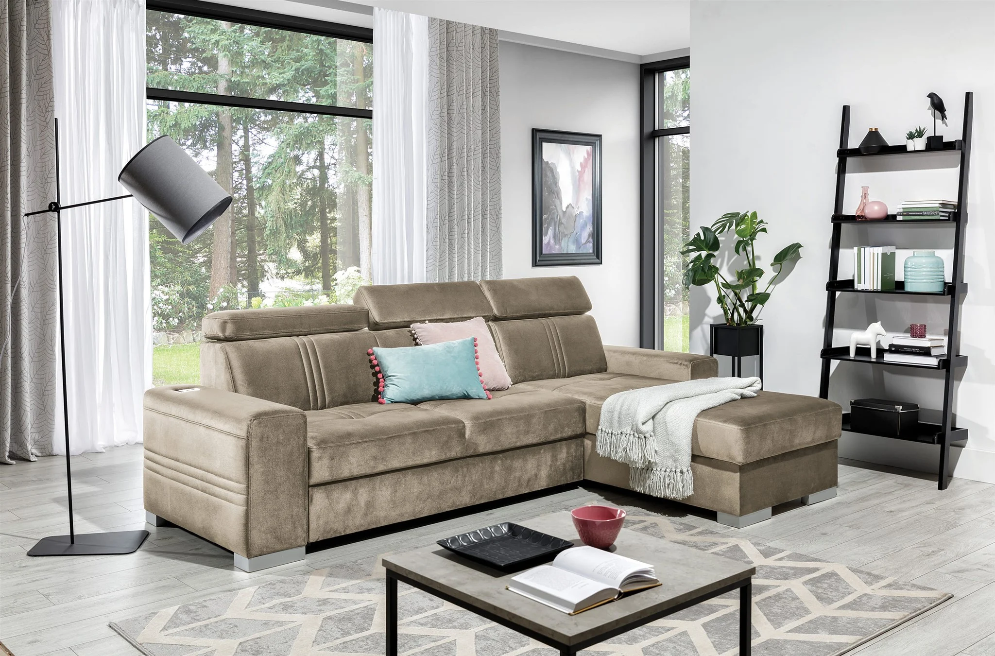 Ecksofa Schlafsofa NOLAN XS inkl. USB in Stoff Element Beige Ottomane Rechts - Fun Moebel