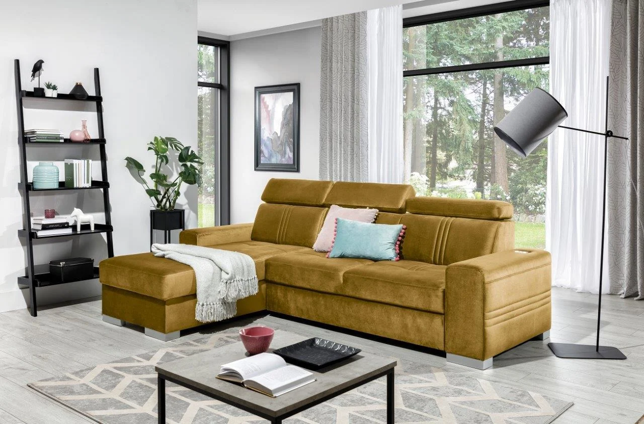 Ecksofa Schlafsofa NOLAN XS inkl. USB in Stoff Element Honiggelb Ottomane Links - Fun Moebel