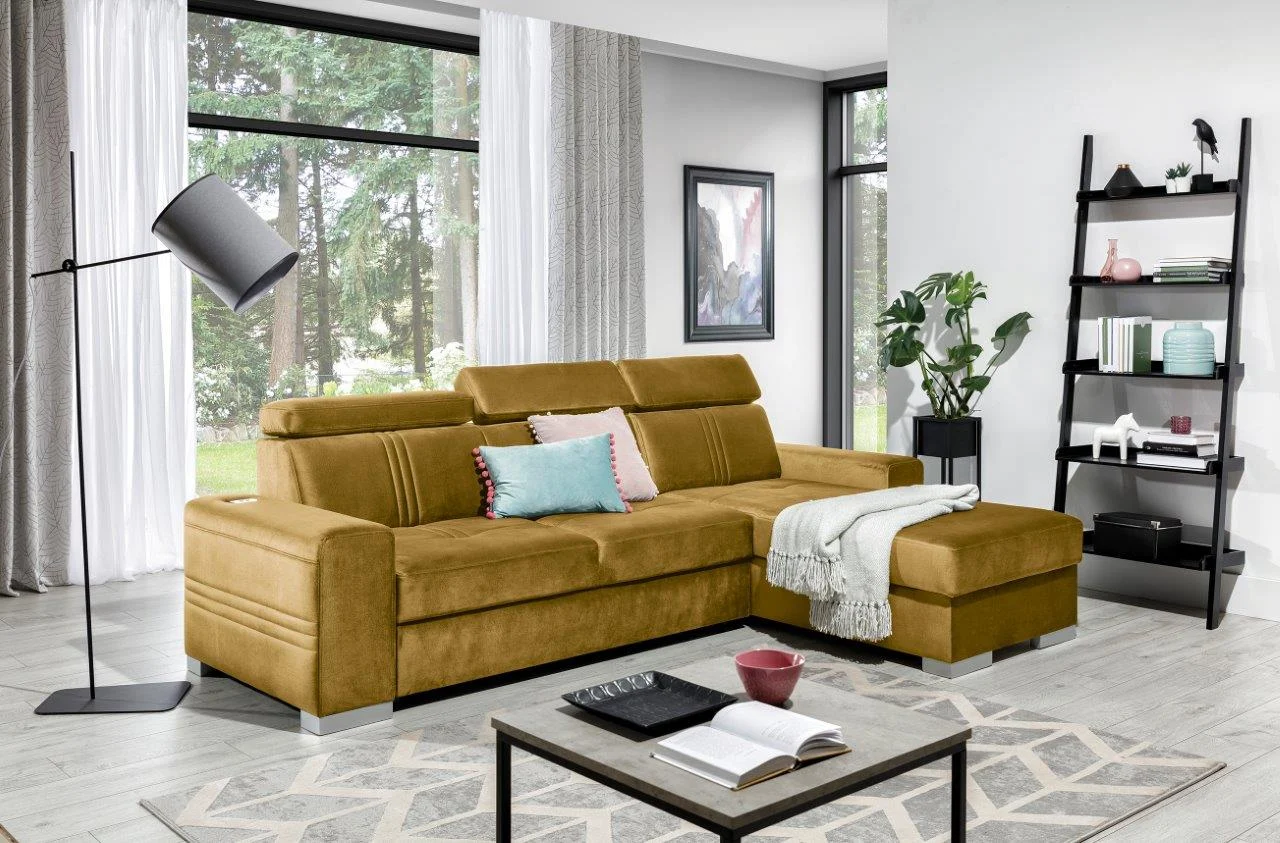 Ecksofa Schlafsofa NOLAN XS inkl. USB in Stoff Element Honiggelb Ottomane Rechts - Fun Moebel