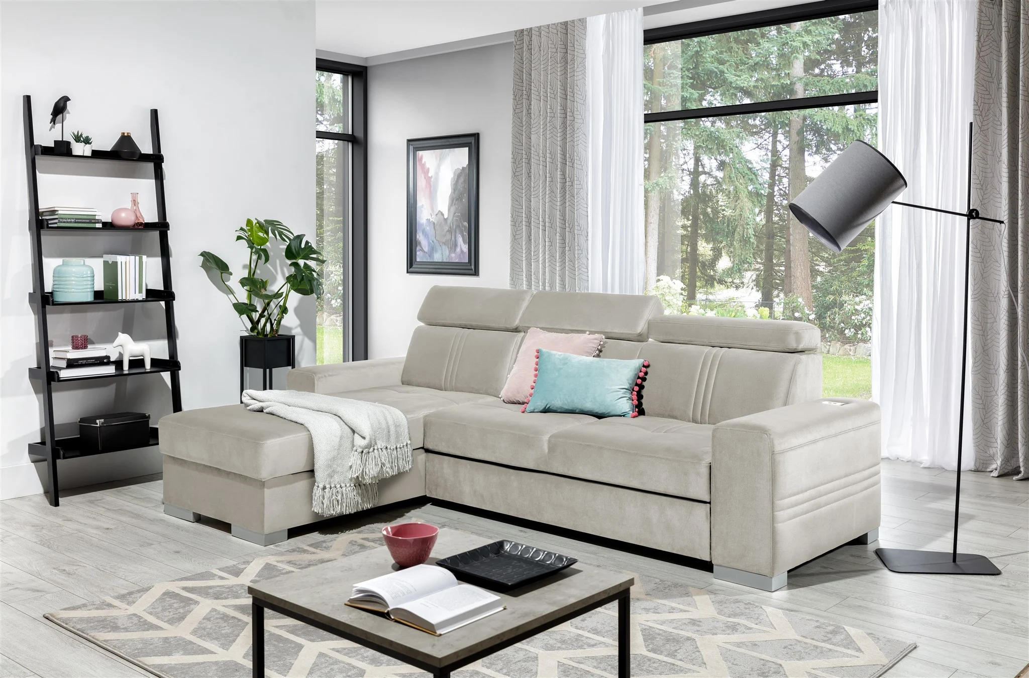 Ecksofa Schlafsofa NOLAN XS inkl. USB in Stoff Monolith Beige Ottomane Links - Fun Moebel