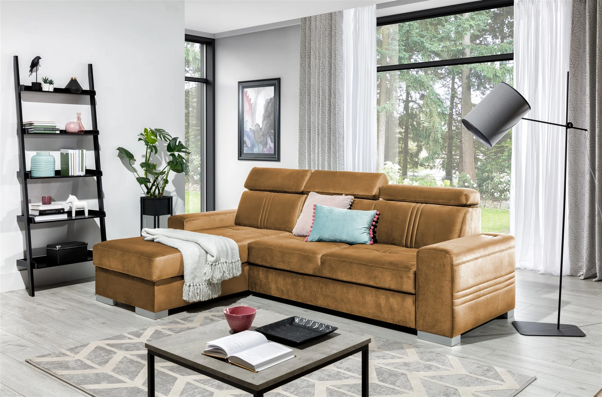 Ecksofa Schlafsofa NOLAN XS inkl. USB in Stoff Monolith Goldbraun Ottomane Links - Fun Moebel