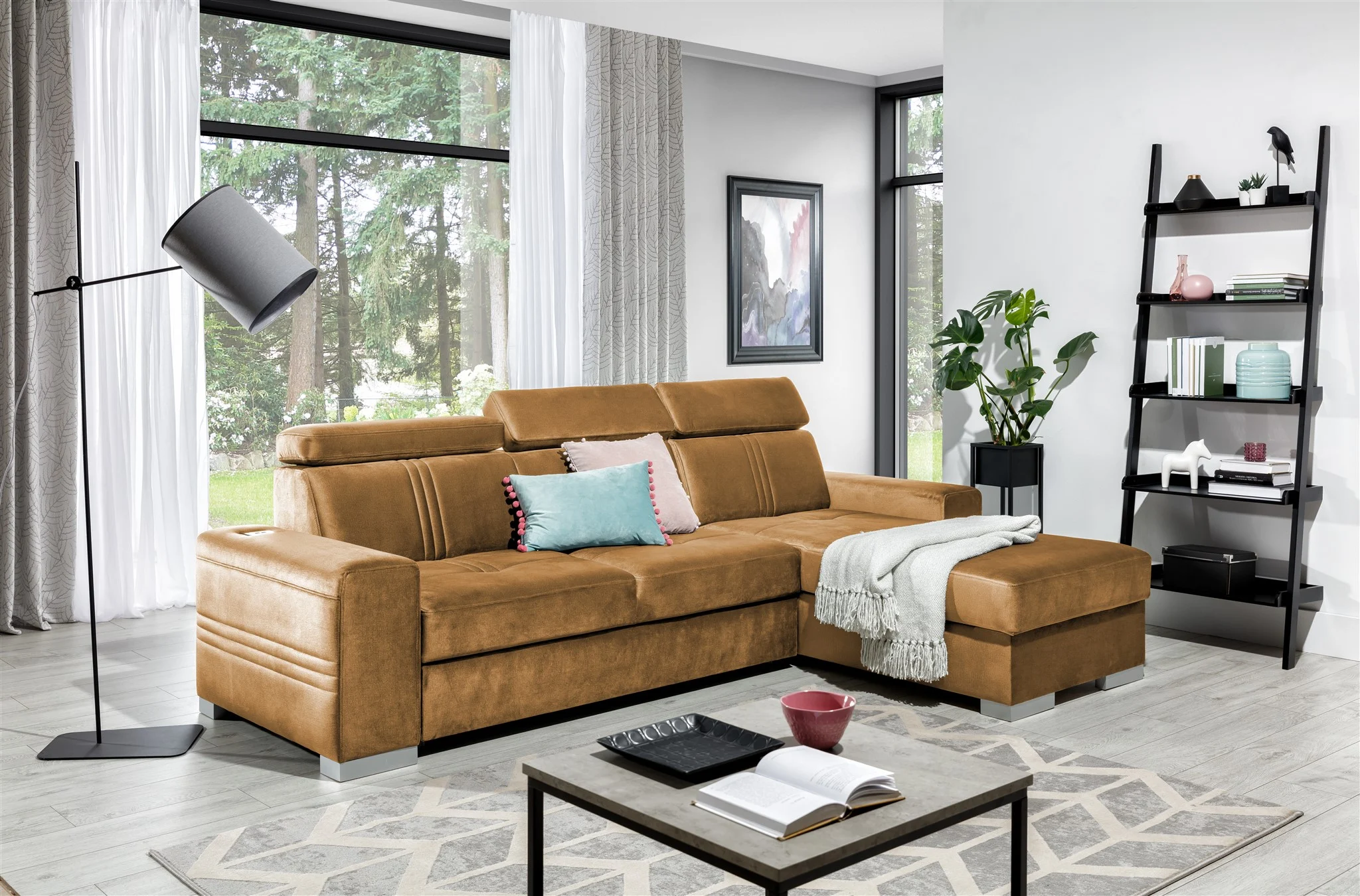 Ecksofa Schlafsofa NOLAN XS inkl USB in Stoff Monolith Goldbraun Ottomane Rechts - Fun Moebel
