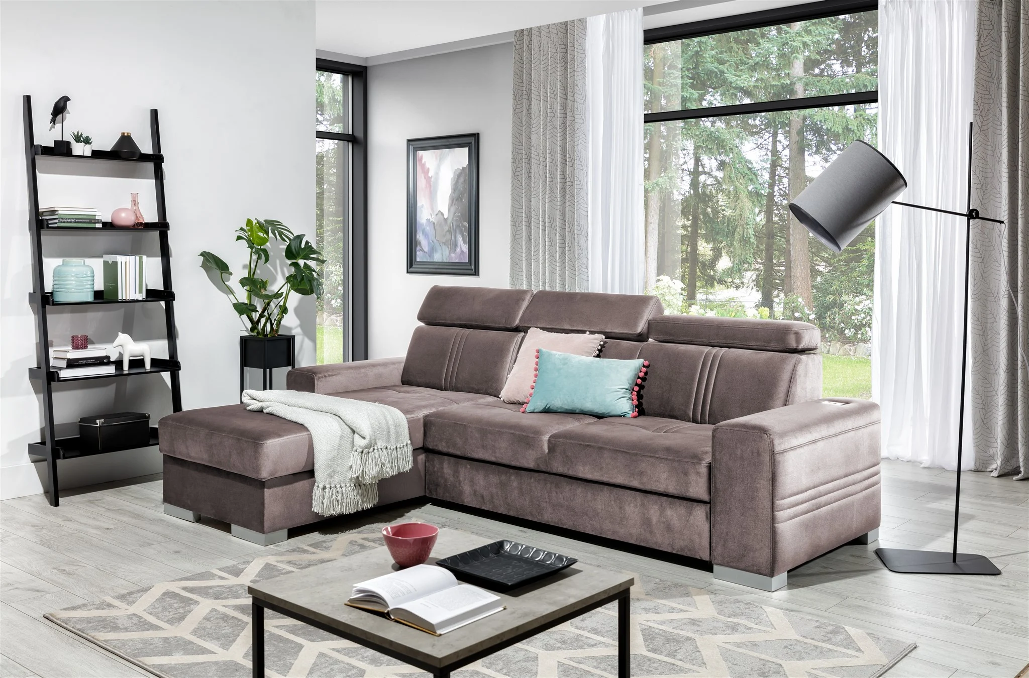Ecksofa Schlafsofa NOLAN XS ink USB Stoff Monolith Pastellviolett Ottomane Links - Fun Moebel