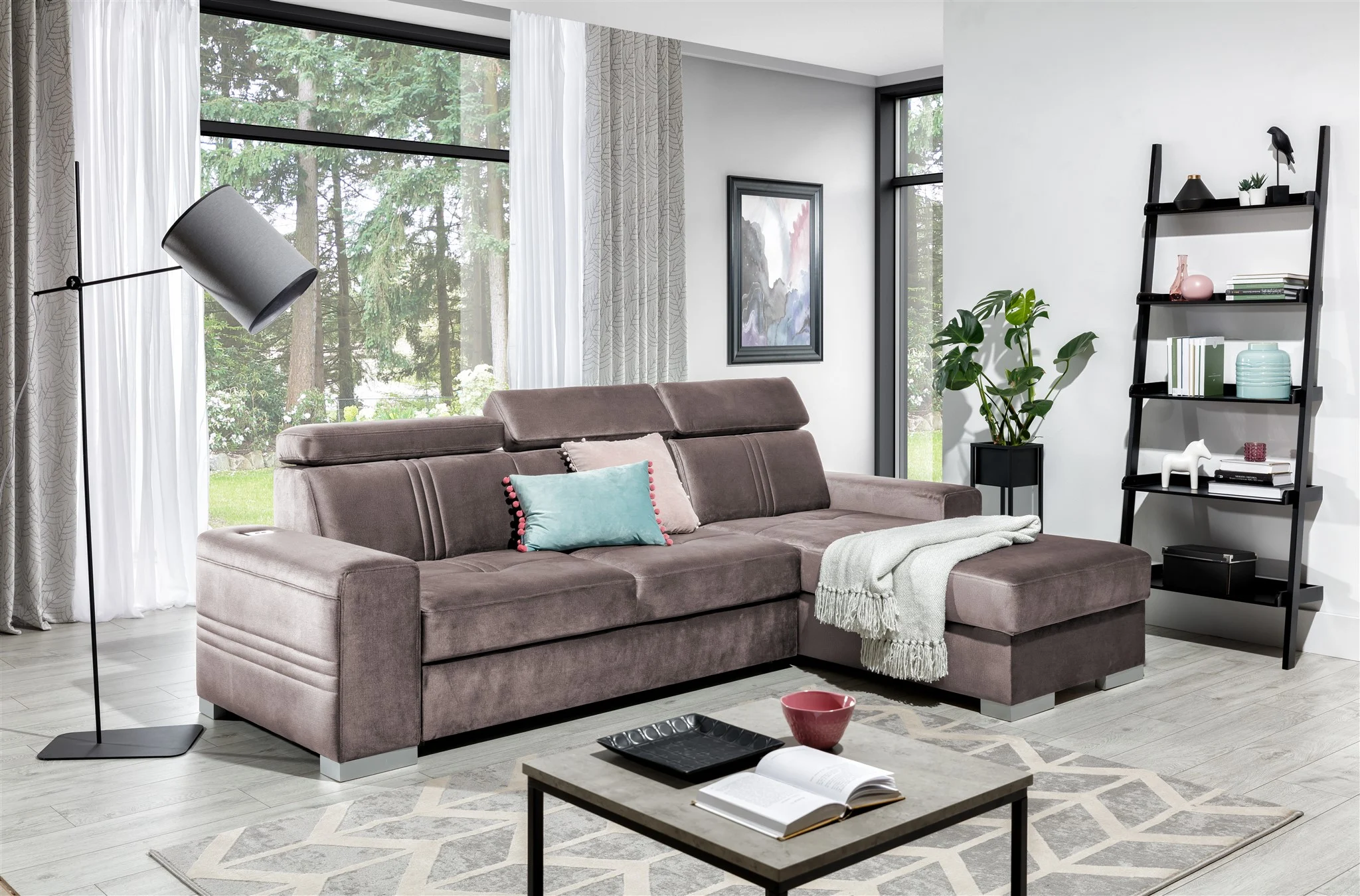Ecksofa Schlafsofa NOLAN XS ink USB Stoff Monolith Pastellviolett Ottoman Rechts - Fun Moebel