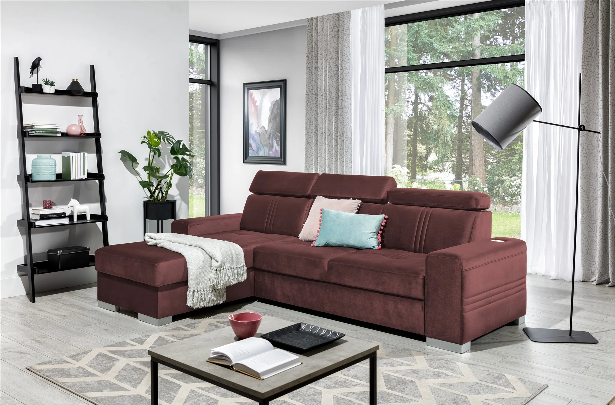 Ecksofa Schlafsofa NOLAN XS inkl. USB in Stoff Monolith Purpurrot Ottomane Links - Fun Moebel
