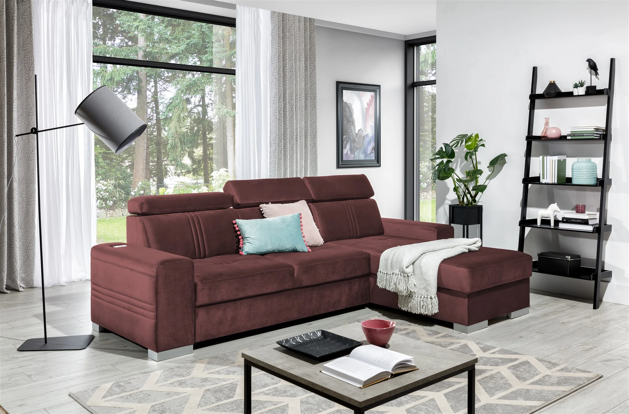 Ecksofa Schlafsofa NOLAN XS inkl USB in Stoff Monolith Purpurrot Ottomane Rechts - Fun Moebel