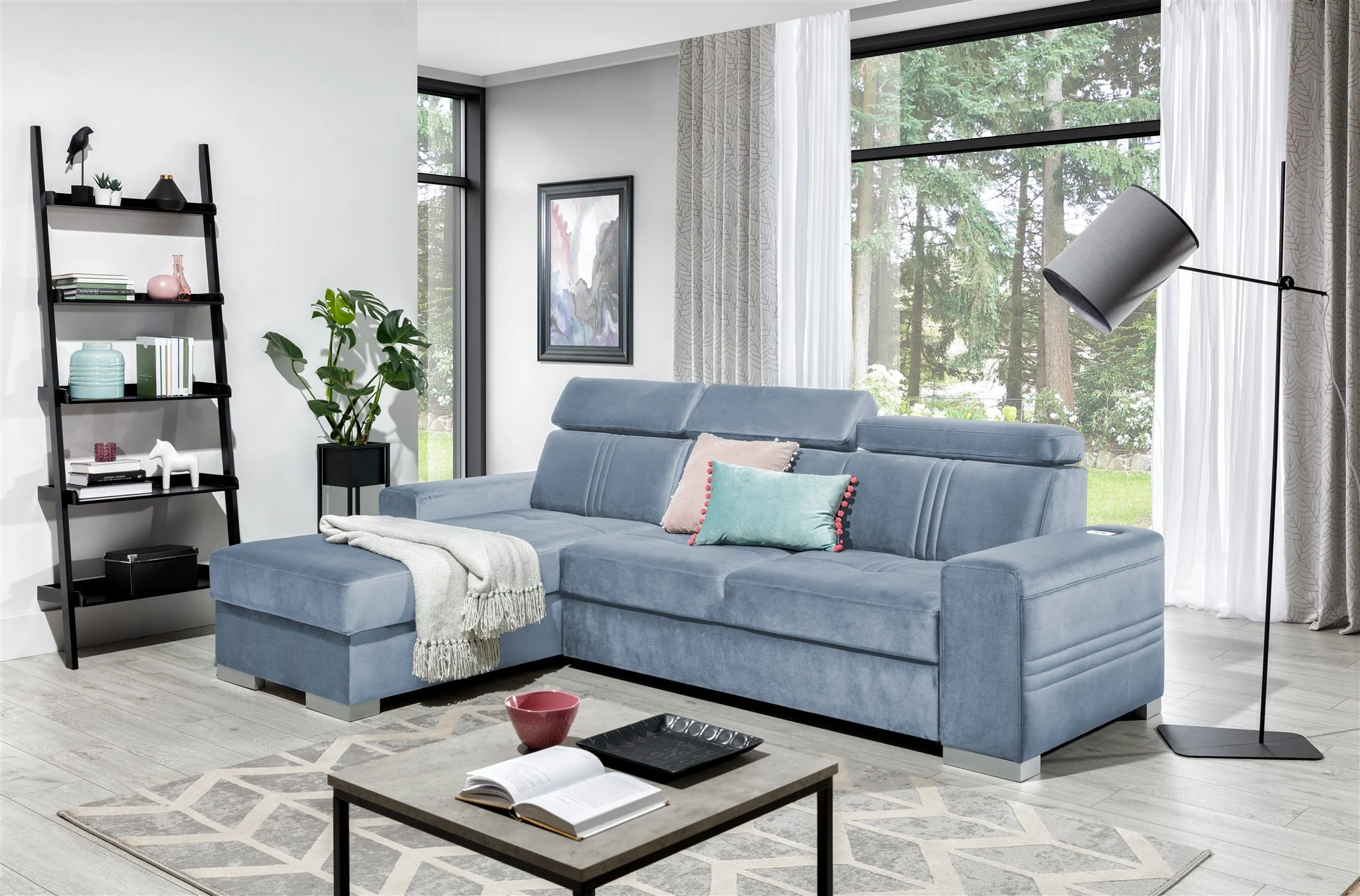 Ecksofa Schlafsofa NOLAN XS inkl. USB in Stoff Monolith Hellblau Ottomane Links - Fun Moebel