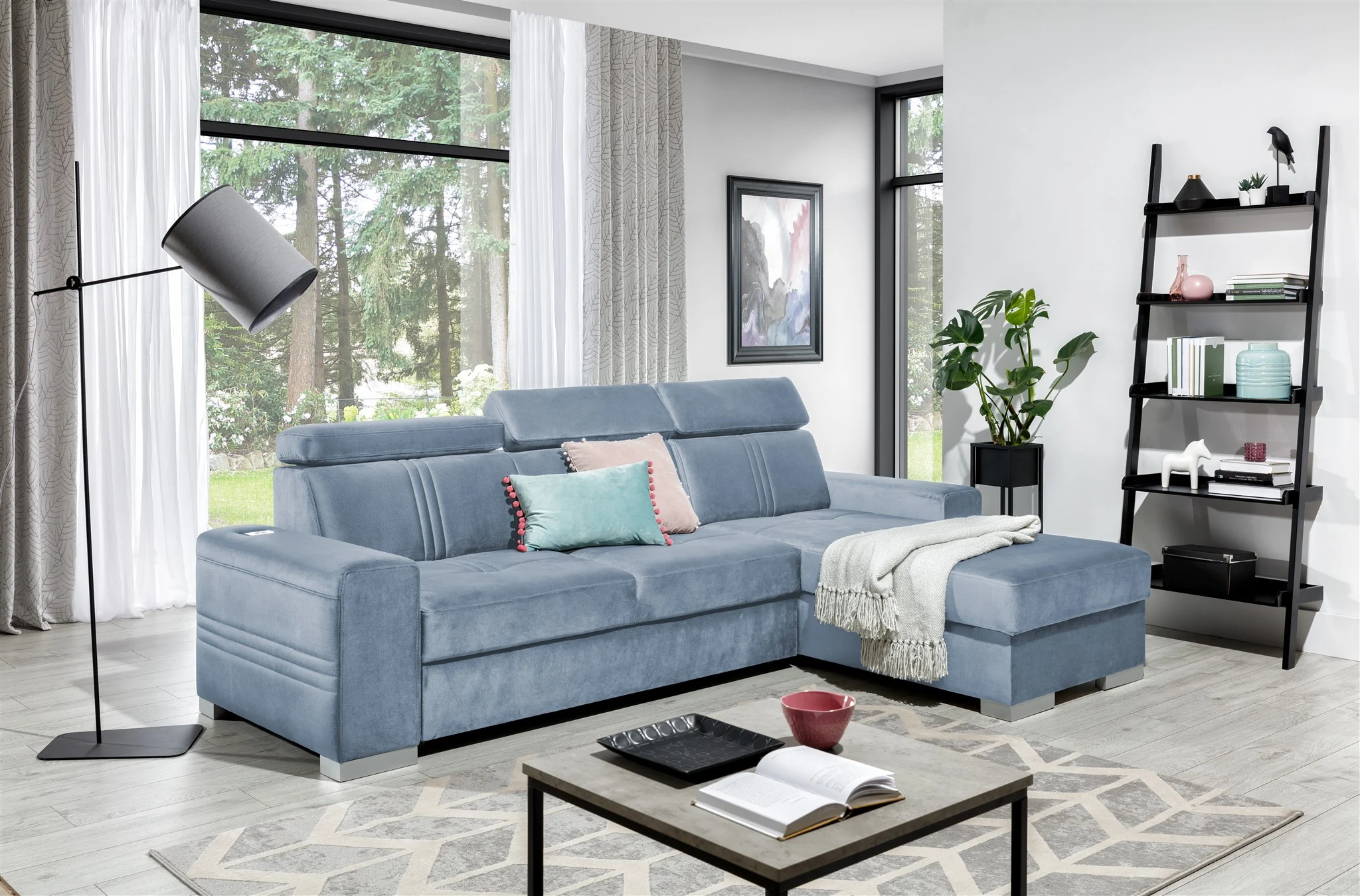 Ecksofa Schlafsofa NOLAN XS inkl. USB in Stoff Monolith Hellblau Ottomane Rechts - Fun Moebel