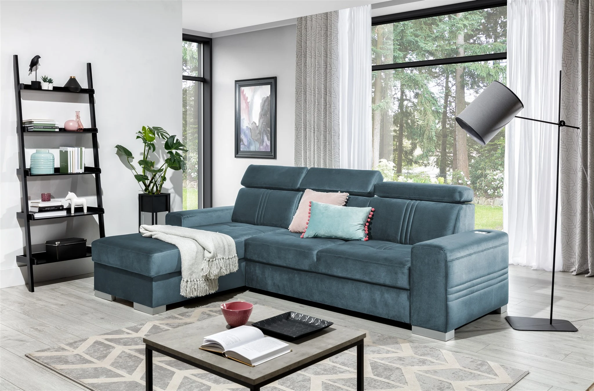 Ecksofa Schlafsofa NOLAN XS inkl USB in Stoff Monolith Petrolblau Ottomane Links - Fun Moebel