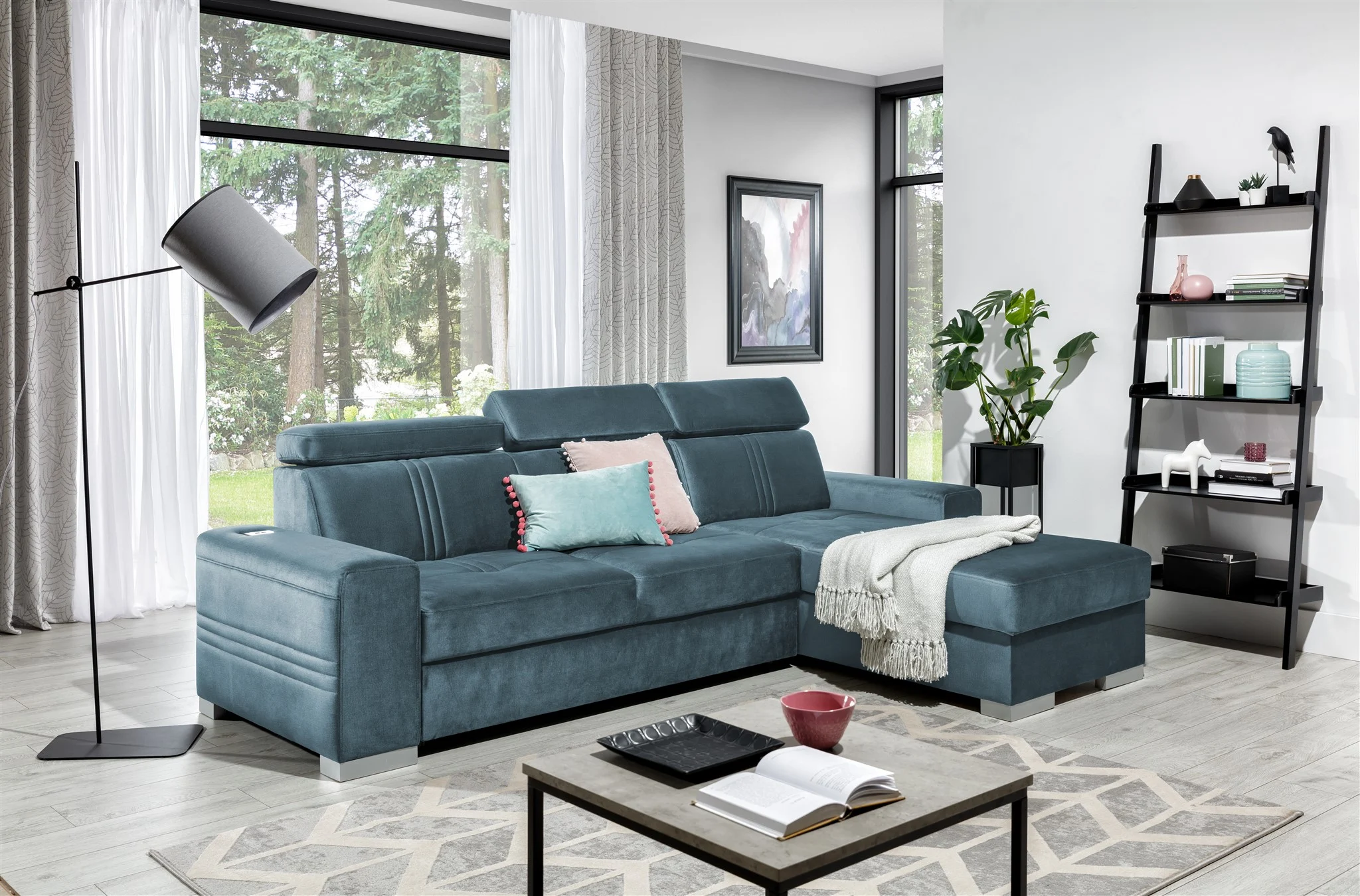 Ecksofa Schlafsofa NOLAN XS inkl. USB Stoff Monolith Petrolblau Ottomane Rechts - Fun Moebel
