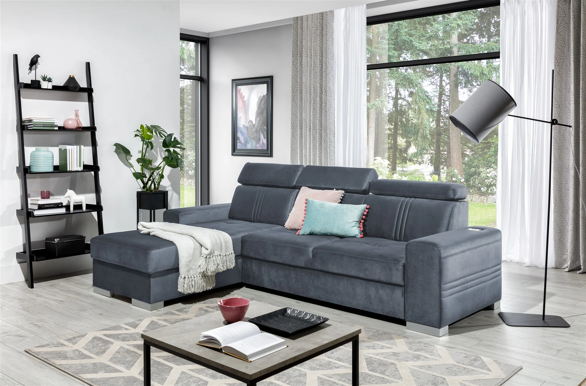 Ecksofa Schlafsofa NOLAN XS inkl. USB in Stoff Monolith Blaugrau Ottomane Links - Fun Moebel